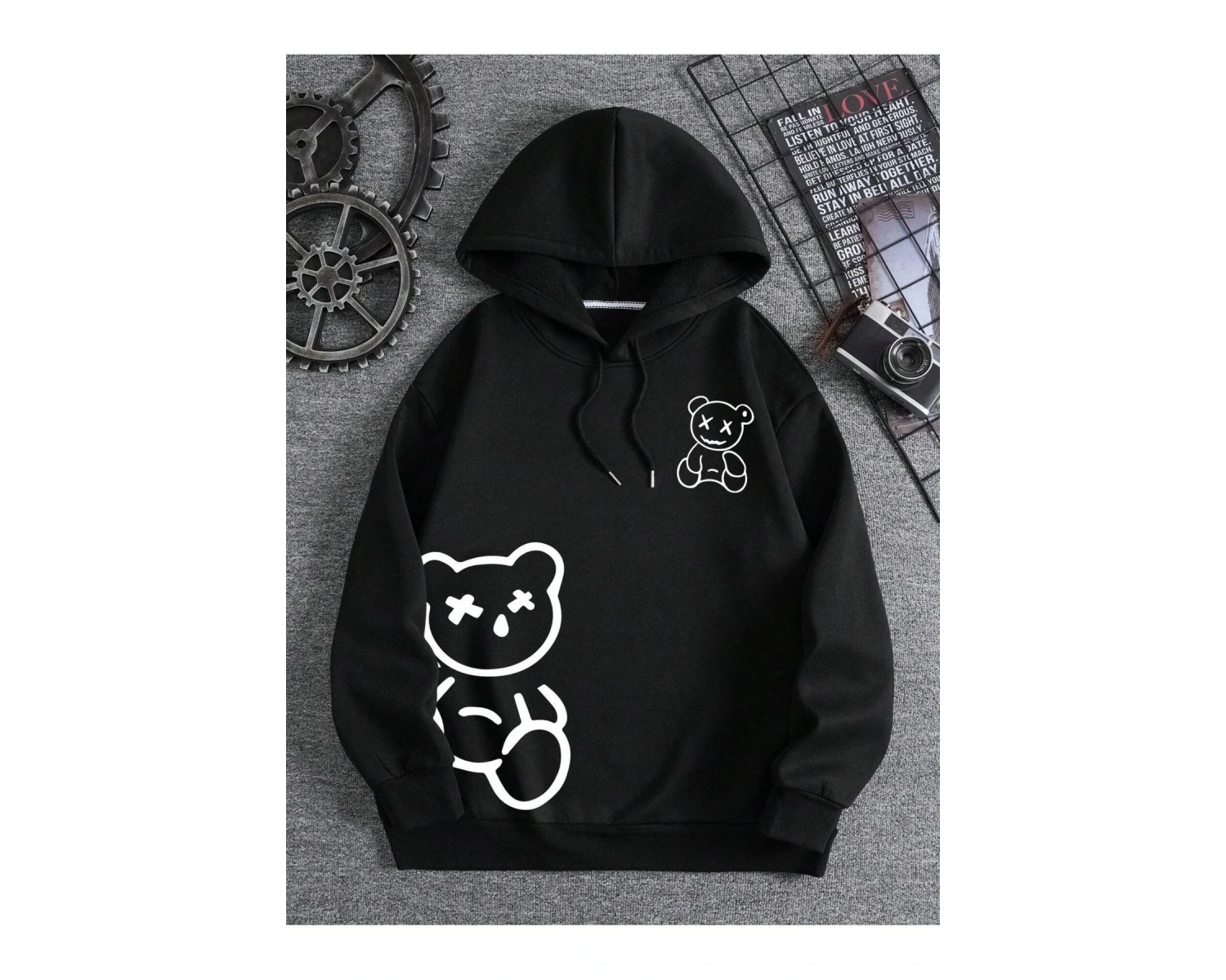 Ayıcık Baskılı 3 İplik Kapüşonlu Ünisex Oversize Sweatshirt Siyah