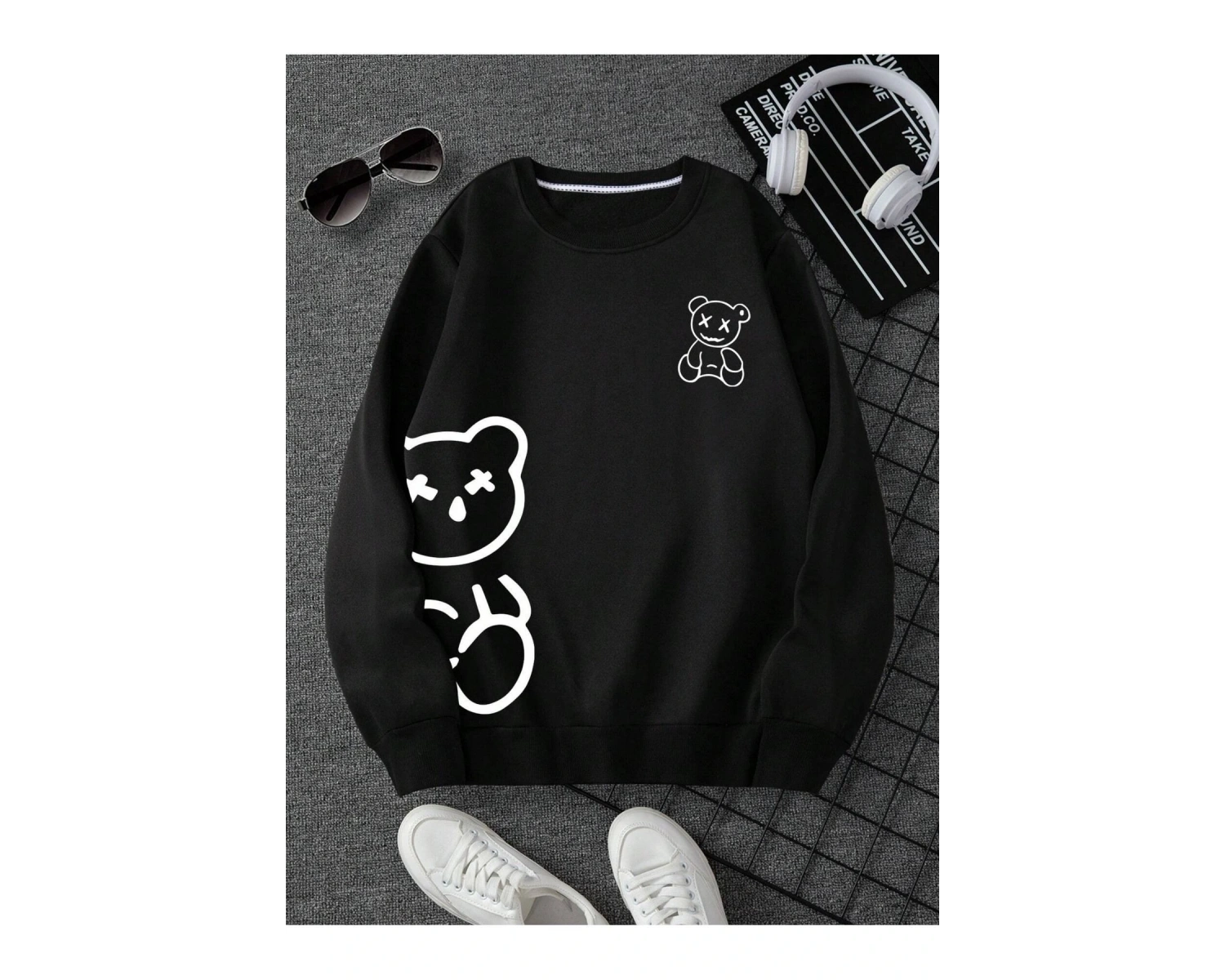 Ayıcık Baskılı Üç İplik Kalın Bisiklet Yaka Unisex Oversize Sweatshirt Siyah