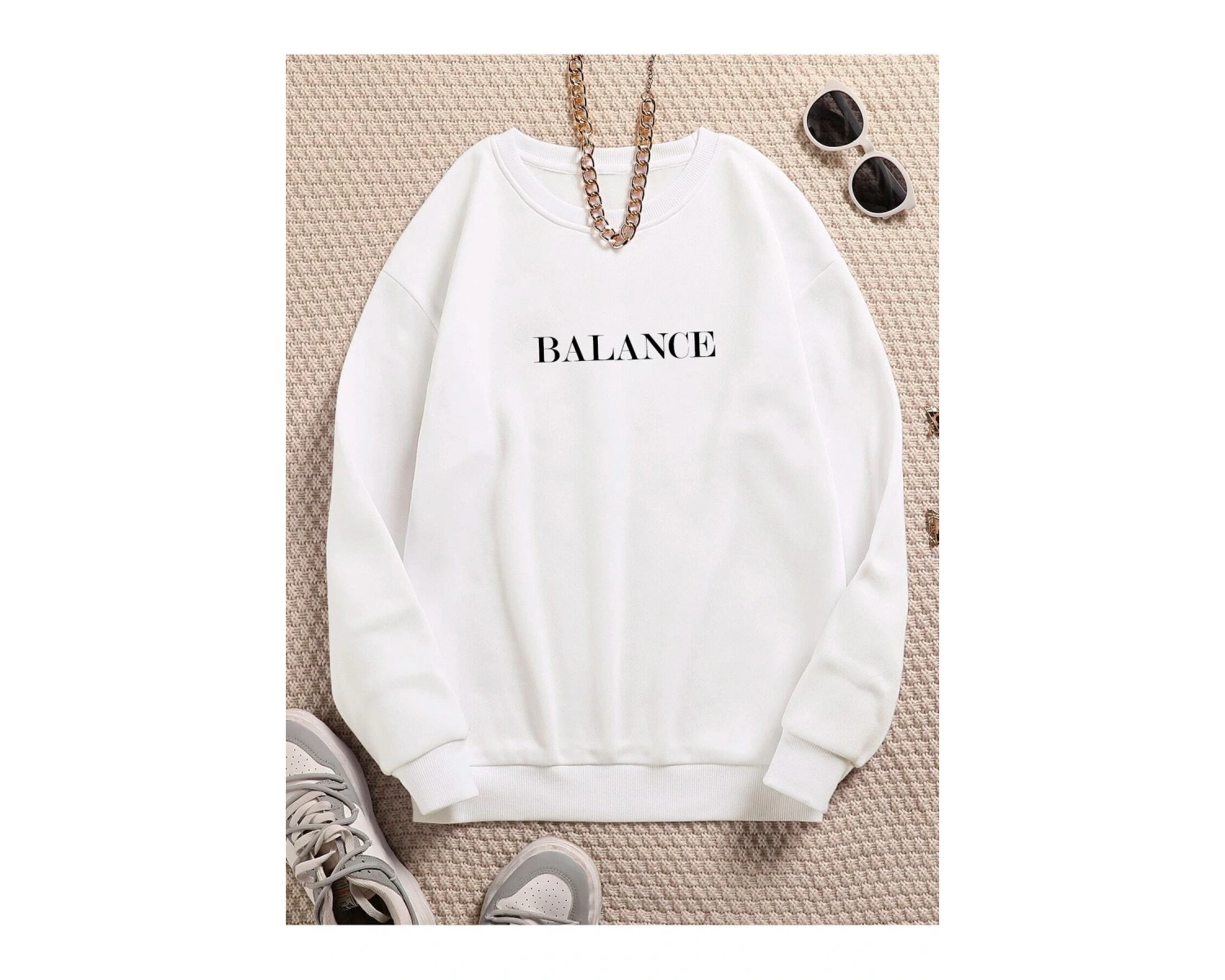 BALANCE Renkli Oversize Bisiklet Yaka Pamuklu Sweatshirt Beyaz