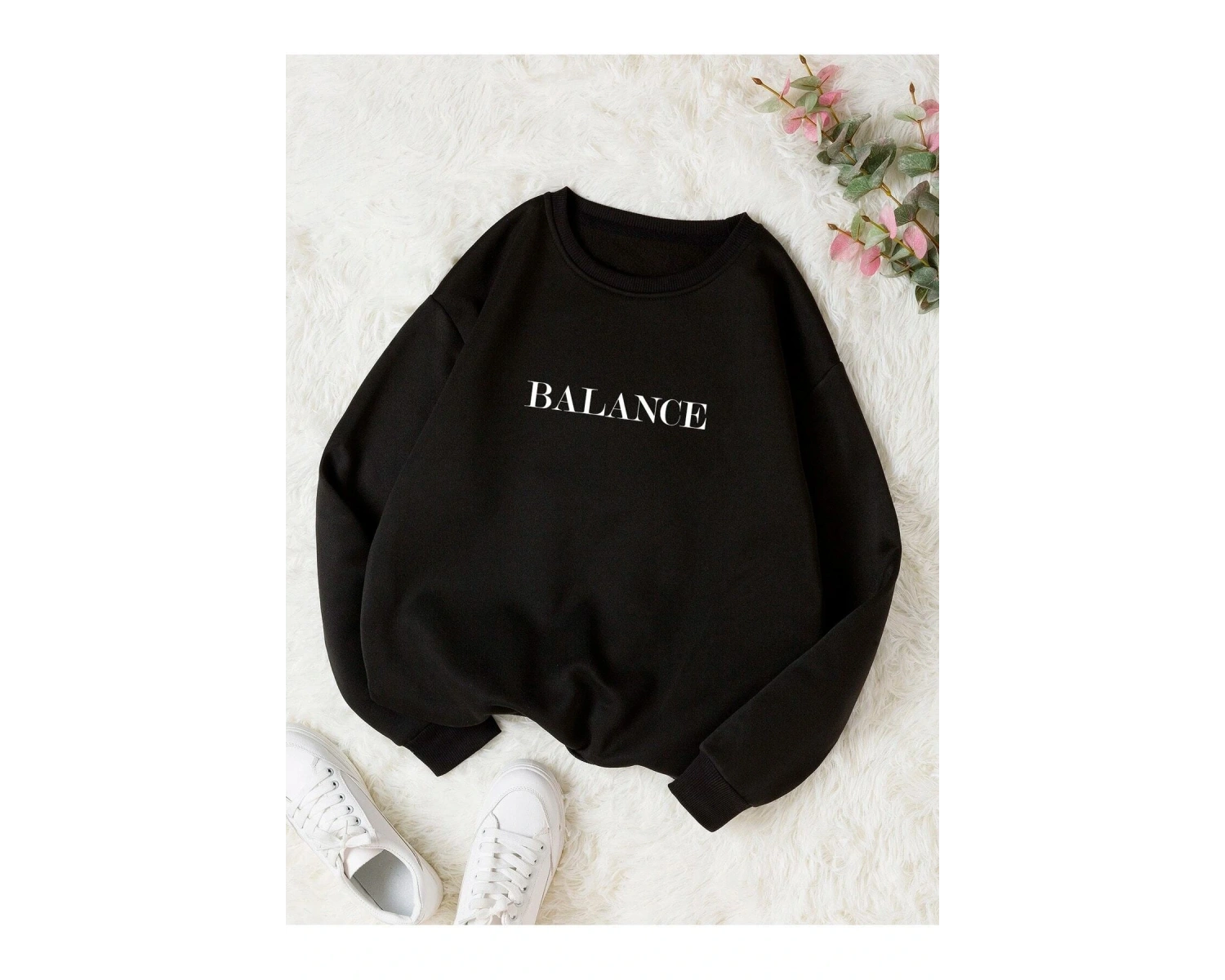 BALANCE Renkli Oversize Bisiklet Yaka Pamuklu Sweatshirt Beyaz
