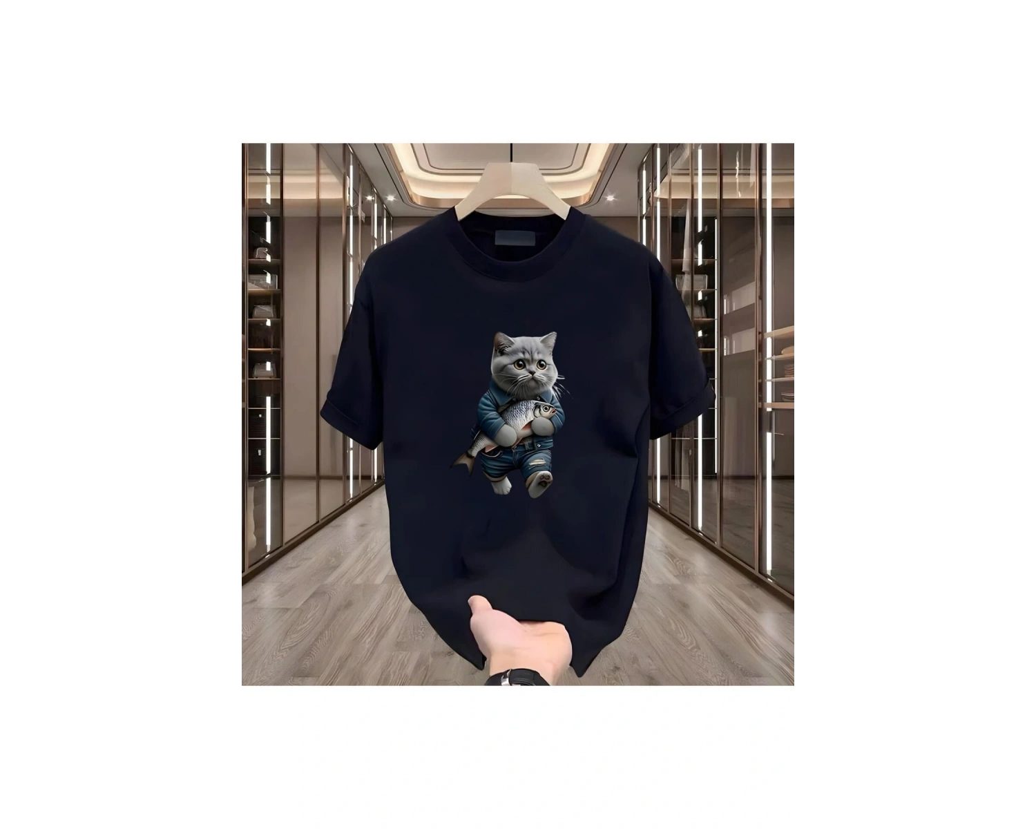 Balık Kedi Baskılı Beyaz Erkek