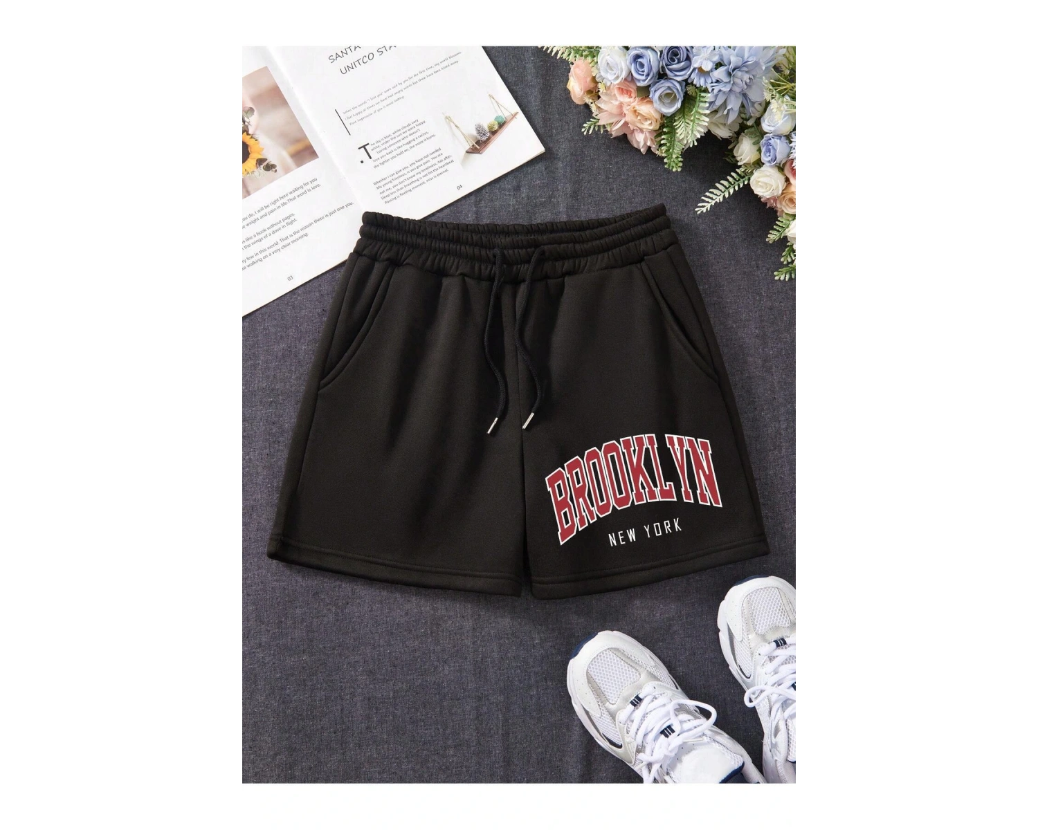 Bay Brooklyn Penye Kısa Şort - Siyah Baskılı Yüksek Bel Örme