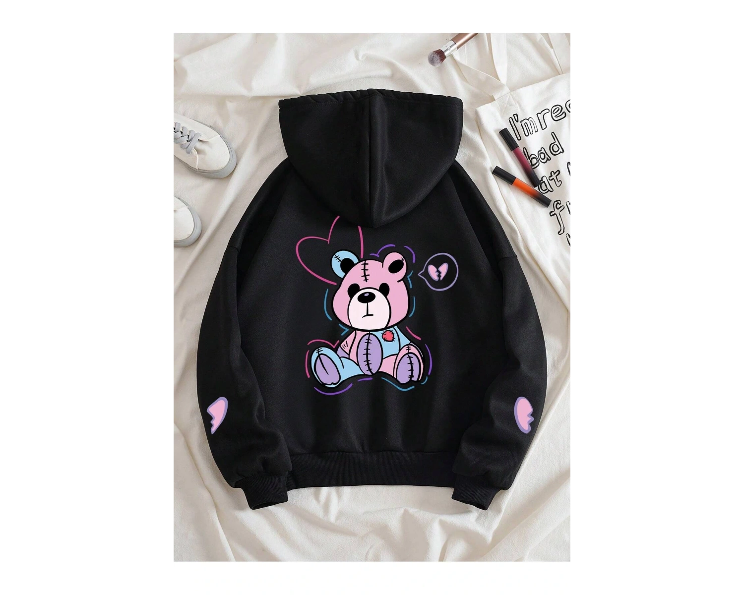 Bear And Heart Print Zip Up Lined Drawstring Hoodie Siyah