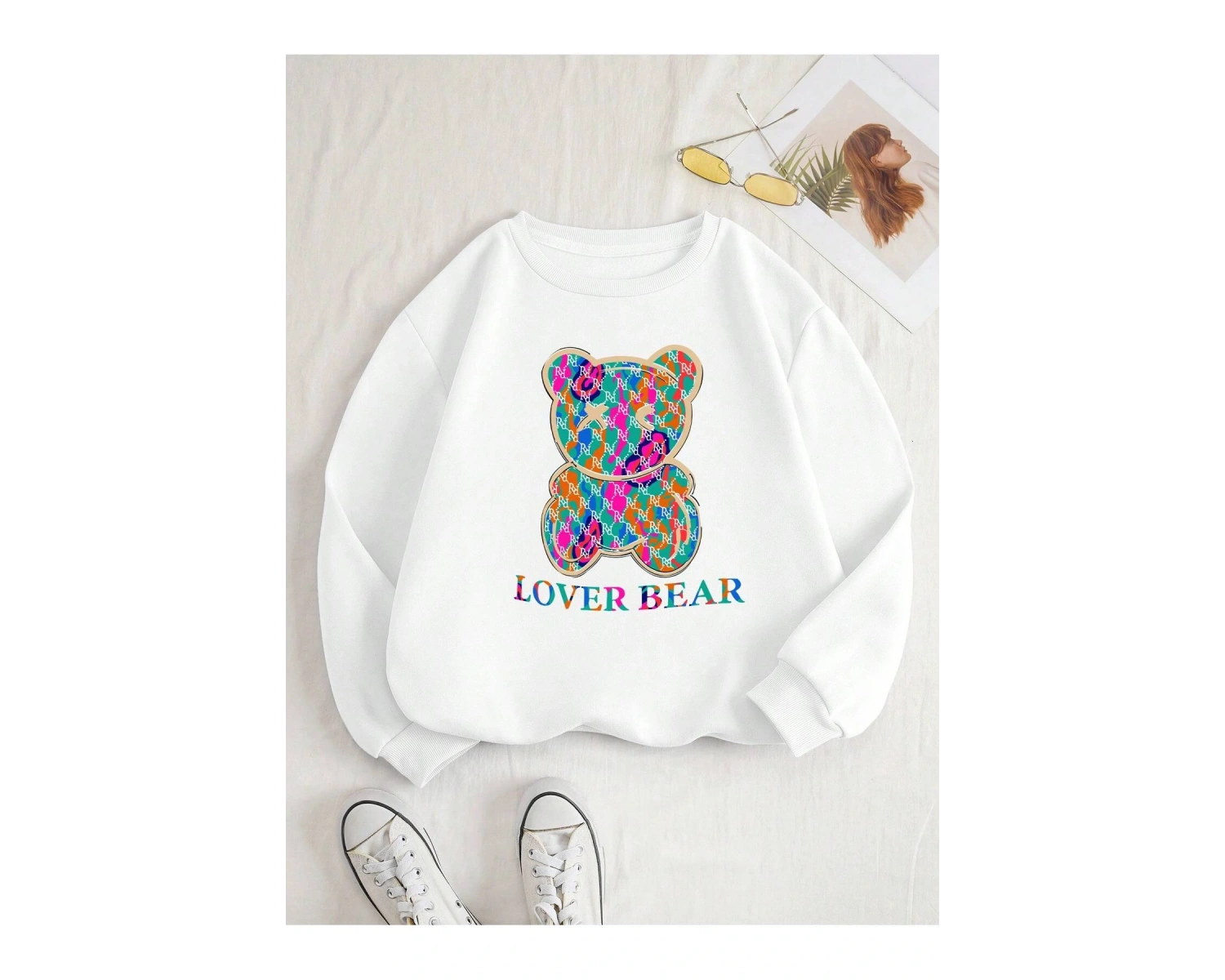 Bear & Letter Graphic Lined Sweatshirt Beyaz