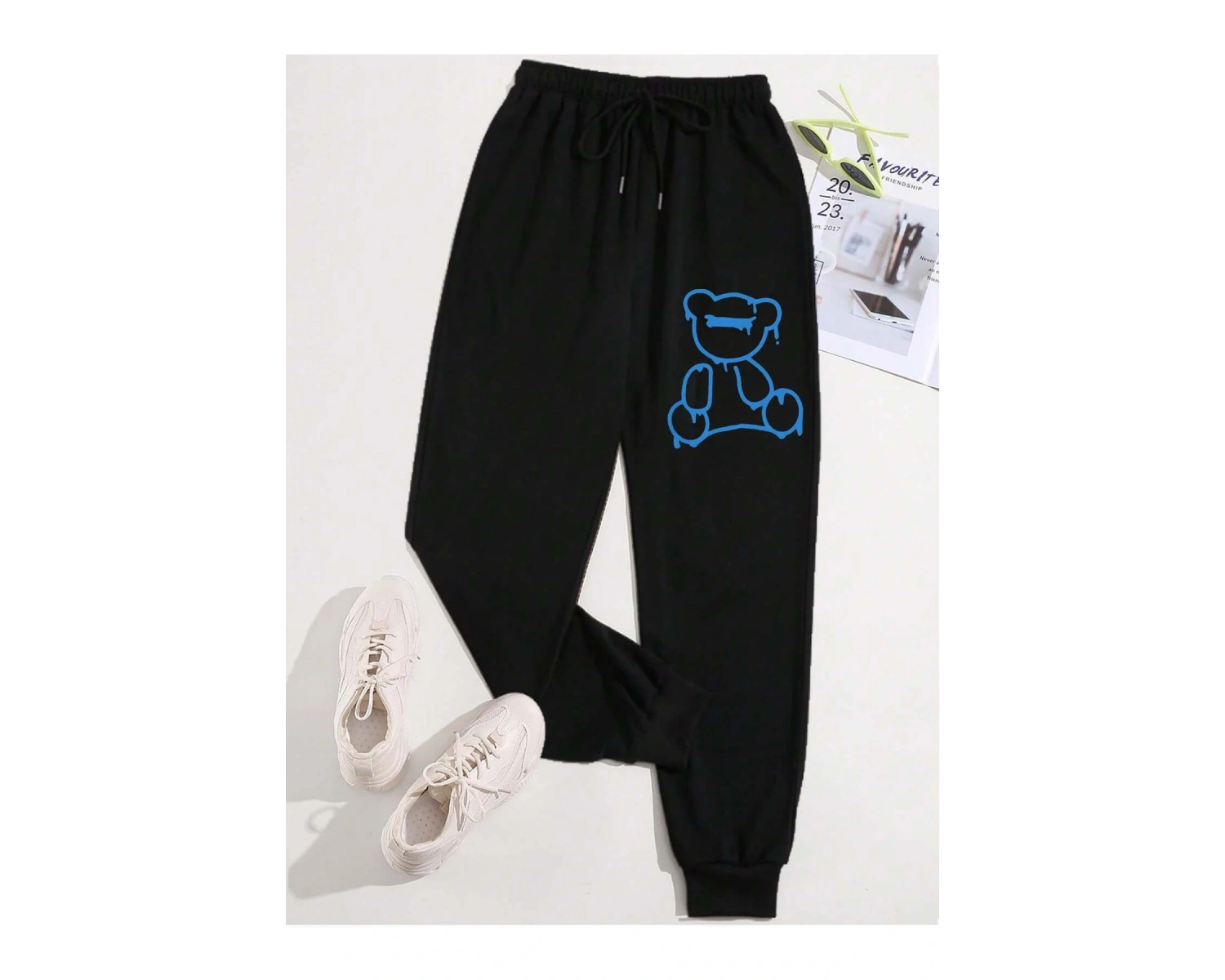 Bear Print Drawstring Waist 4 Mevsim Eşofman