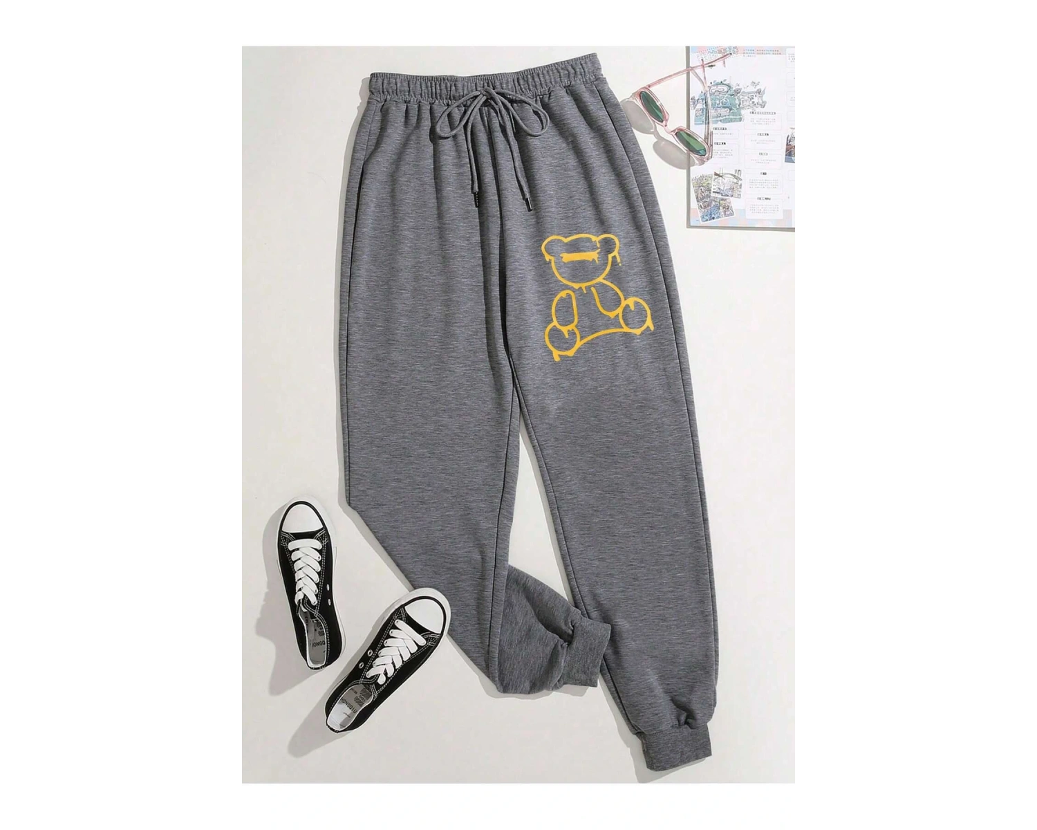 Bear Print Drawstring Waist 4 Mevsim Eşofman