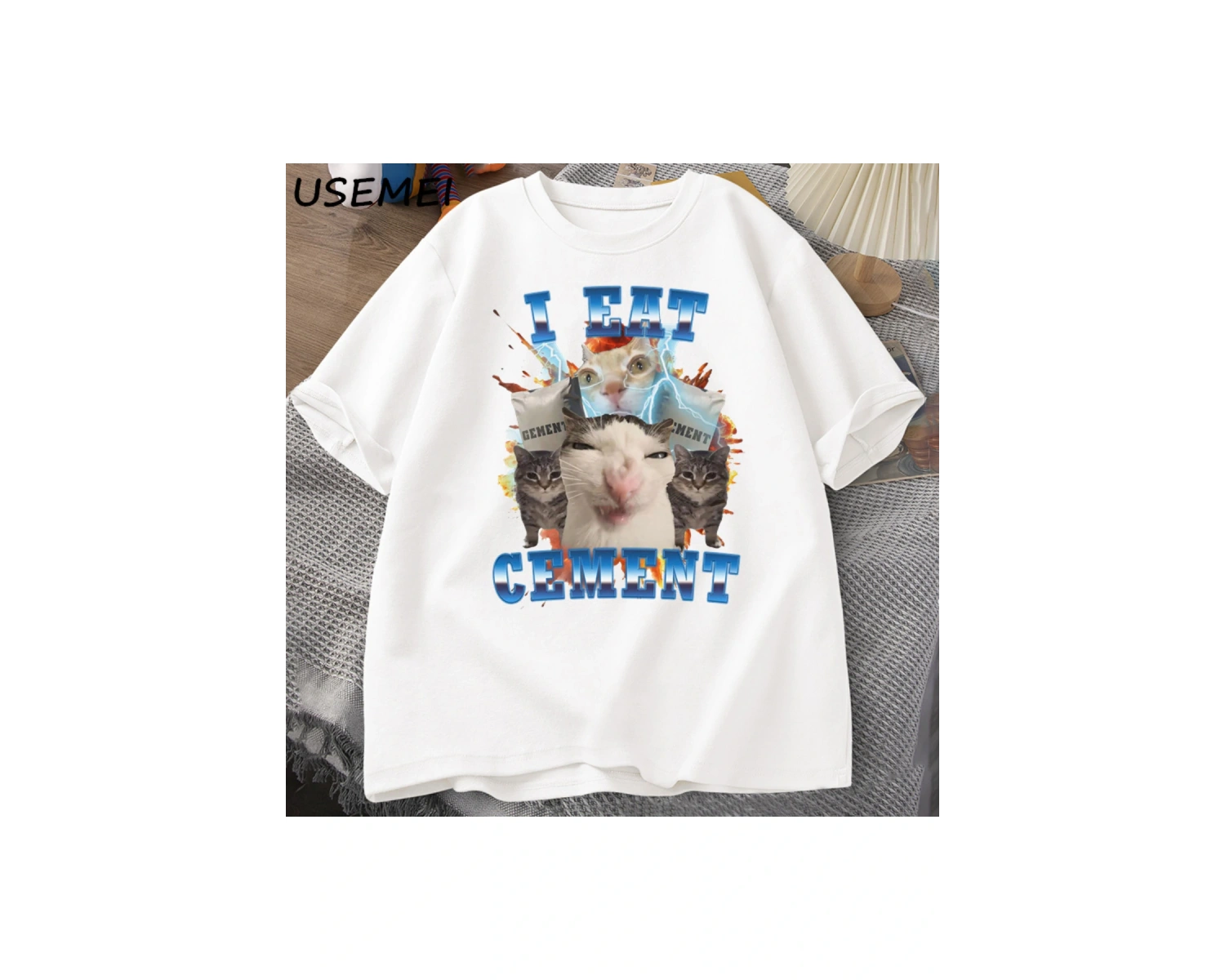 Ben çimento komik kedi Meme Tee pamuk kısa kollu aptal çirkin kediler baskılı T Shirt