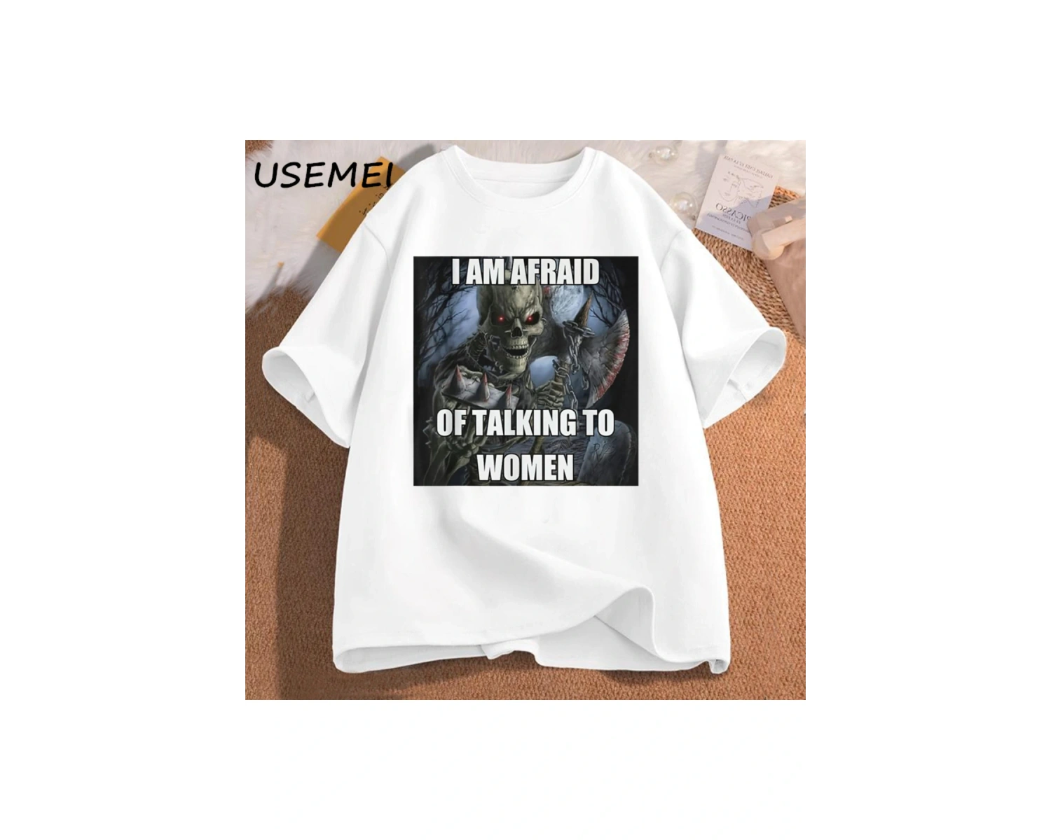 Ben kadın t-shirt erkek pamuk kısa kollu Tees ile konuşmaktan korkuyorum komik sert iskelet M 3016