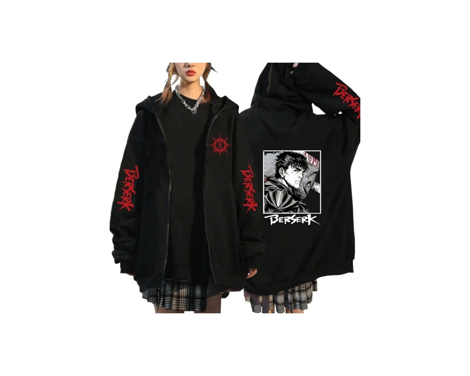 Berserk Anime Fermuarlı Hoodie Model 103 12286 Siyah