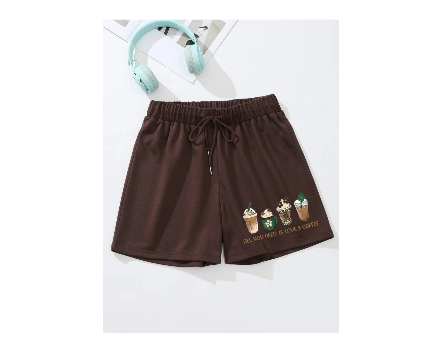 Beverage & Slogan Graphic Drawstring Waist Şort