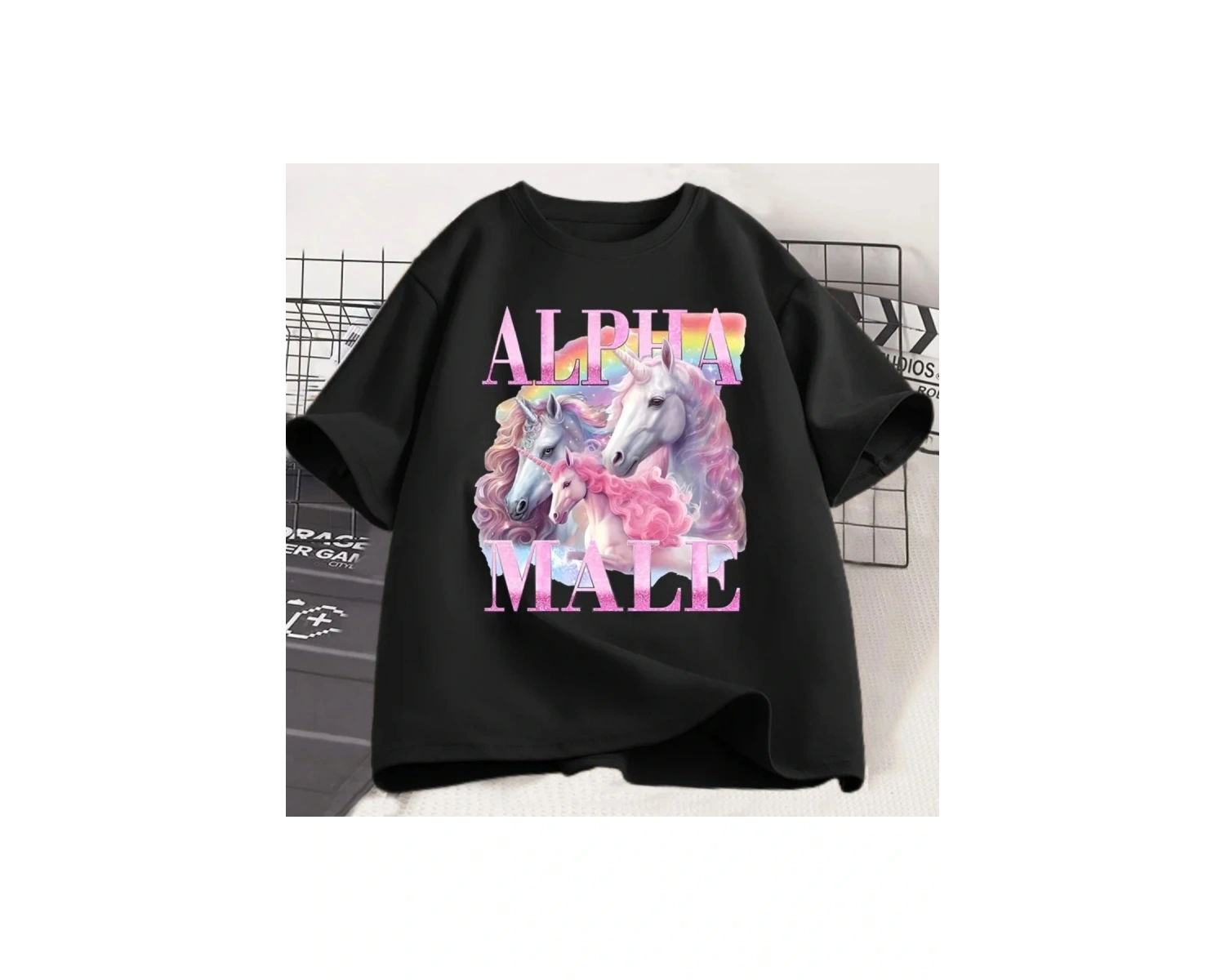 Beyaz Alfa Unicorn Komik Tshirt İronik Vintage Garip Meme k R
