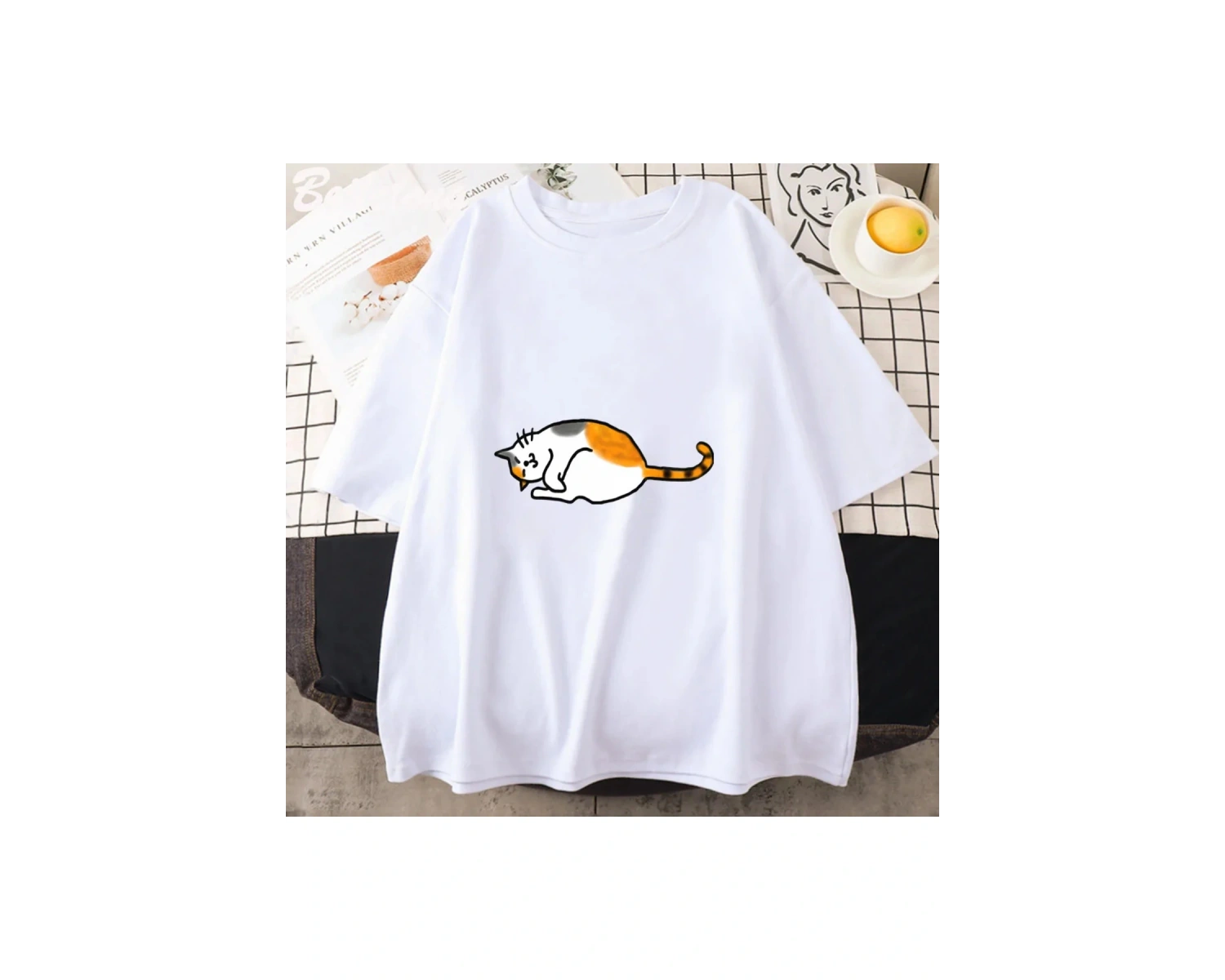 Beyaz Anime Calico kedi baskılı Tee haruclothing kore dalga serin çift Highstreet
