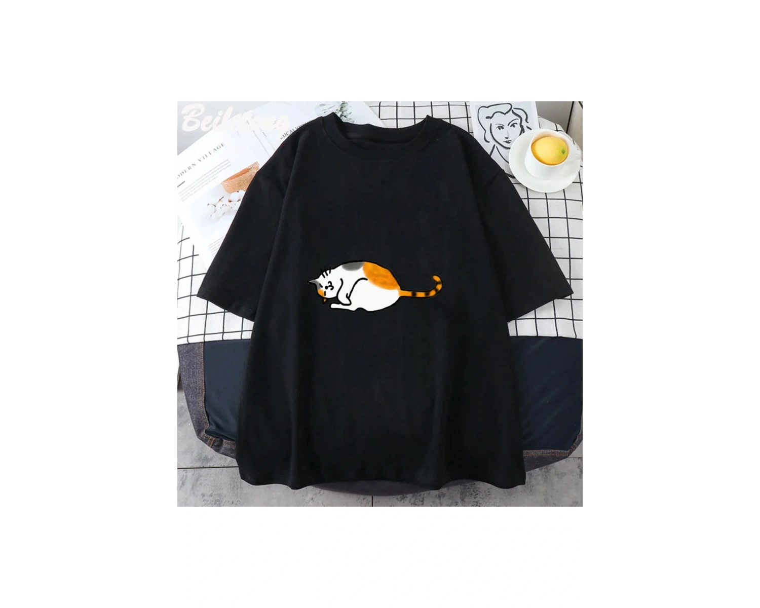 Beyaz Anime Calico kedi baskılı Tee haruclothing kore dalga serin çift Highstreet