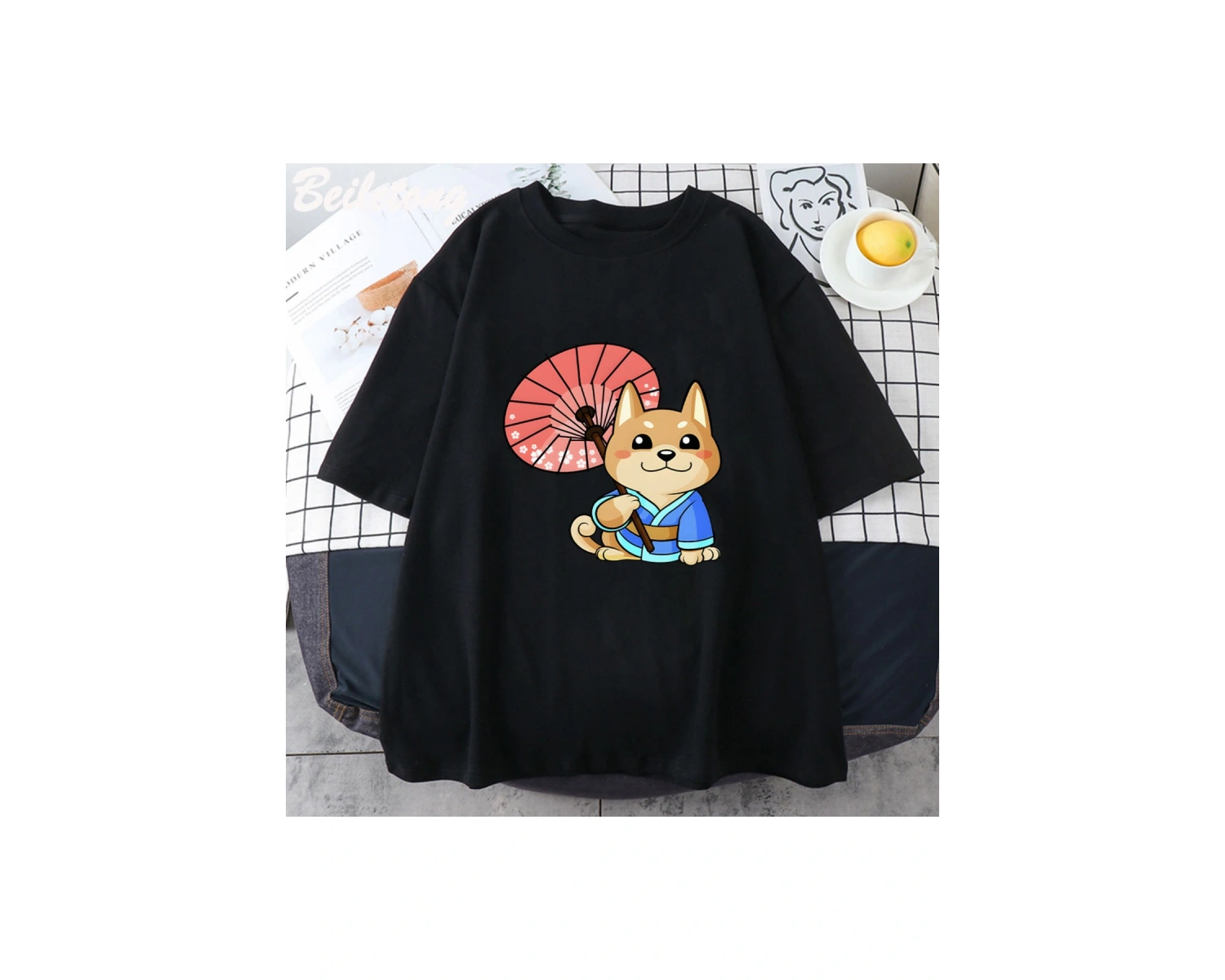 Beyaz Anime Kawaii köpek karikatür grafik baskı ler leri 90s