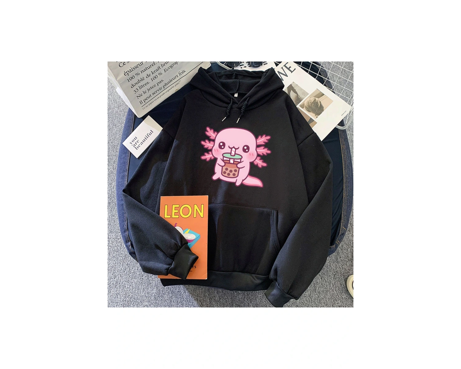 Beyaz Axolotl Yeme Kabarcık Boba Süt Çay HoodiesKarikatür Grafik