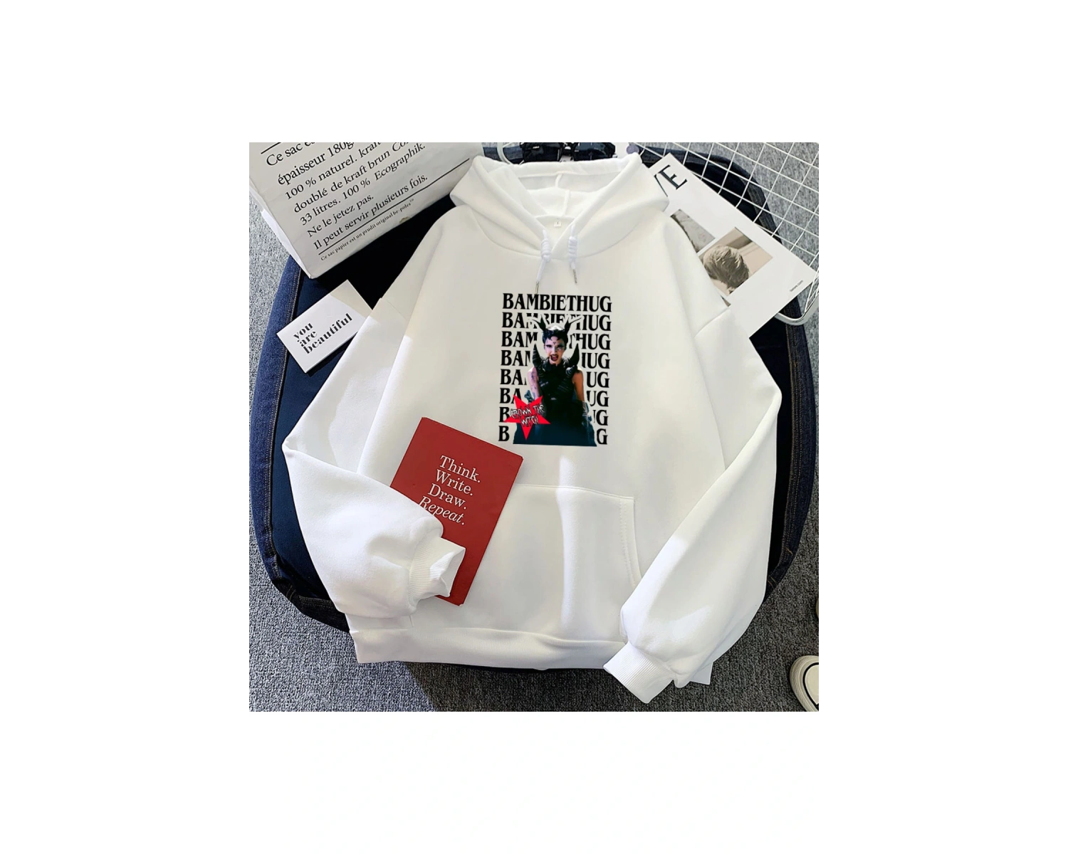 Beyaz Bambie ThugHoodies Hoodies dera Mujer rahatuzun kollu kıya