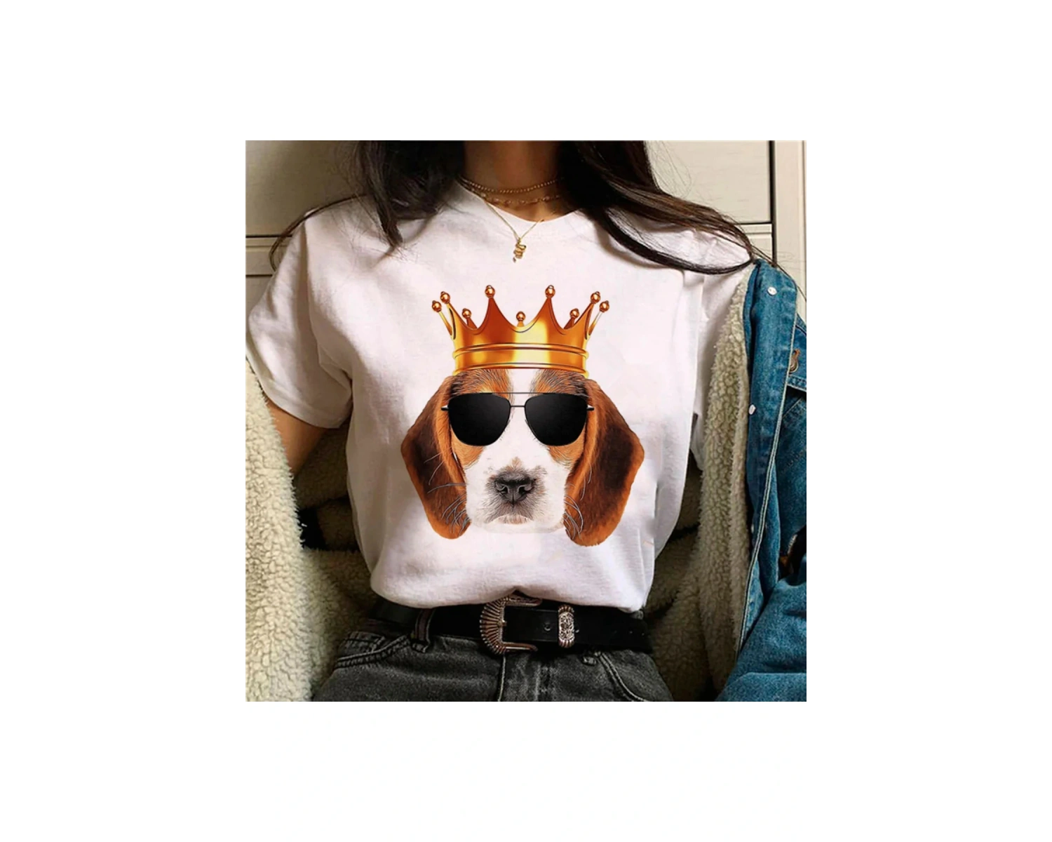 Beyaz Beagle üst streetwear tasarımcı kıyafetleri baskı yuvarlak boyun