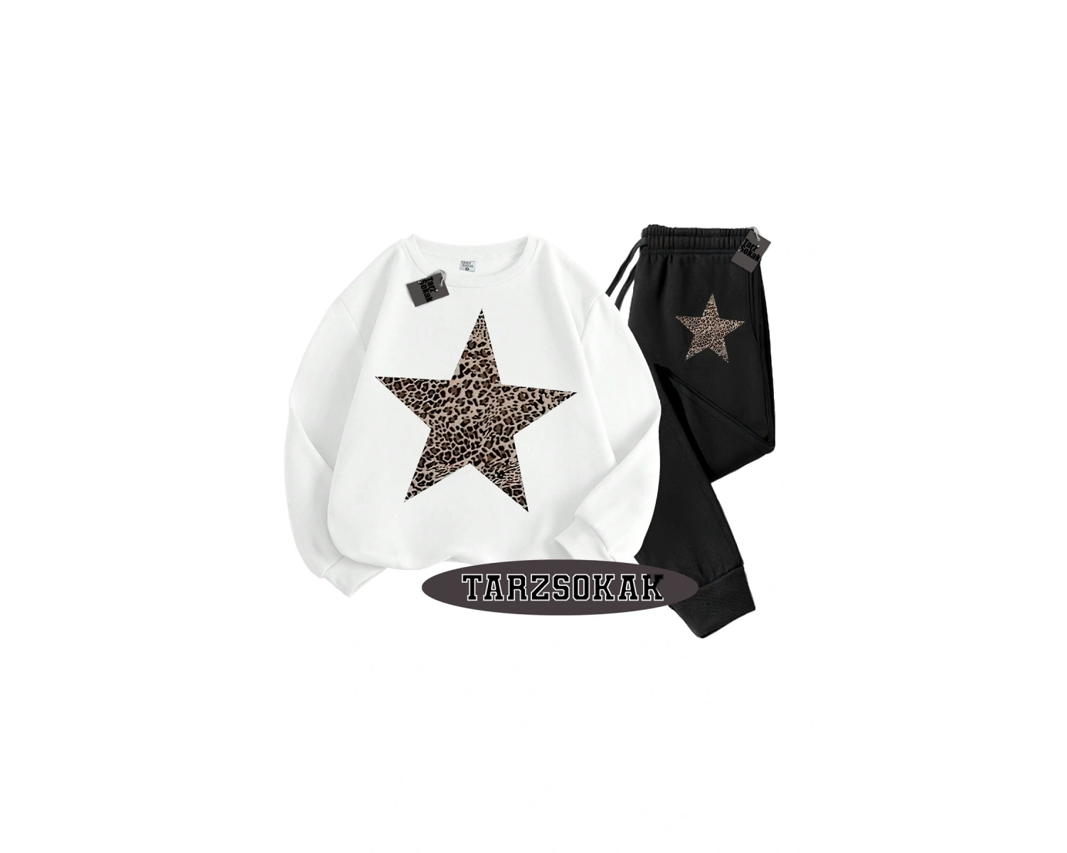 Beyaz Biskilet Leopar Yıldız Detaylı ikili TAKIM