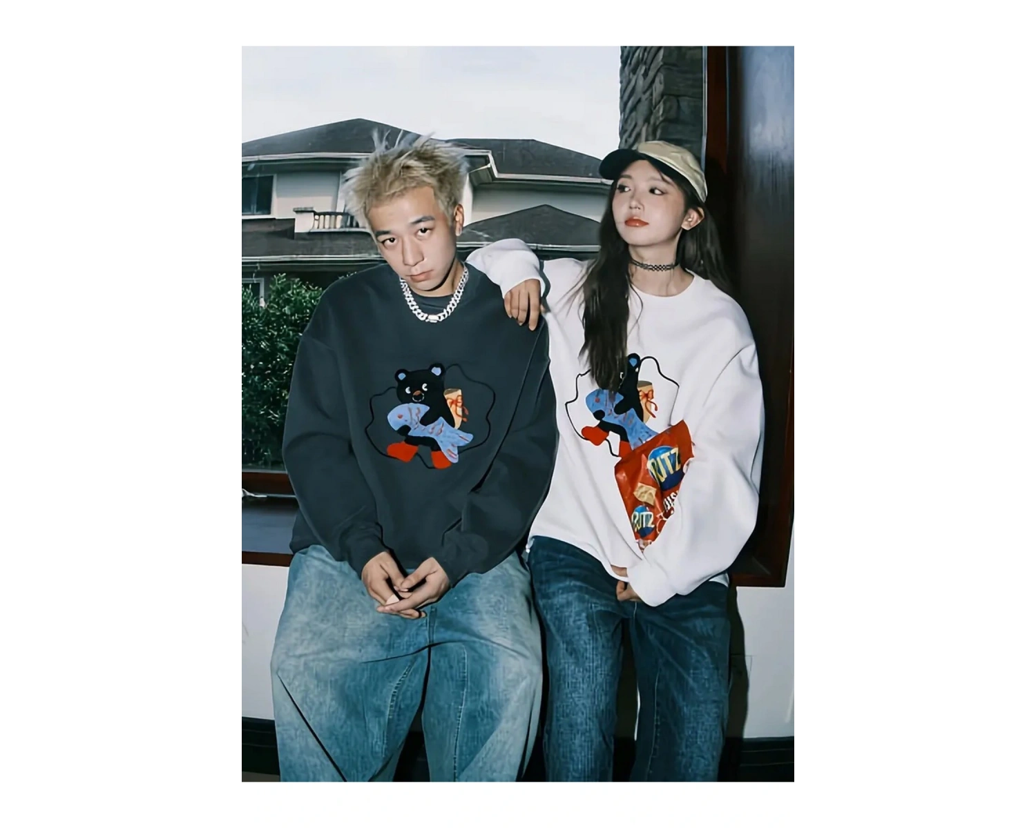 Beyaz Biskilet Yaka Sweatshirt Çift Sevgili Kombinleri Couple Clothing