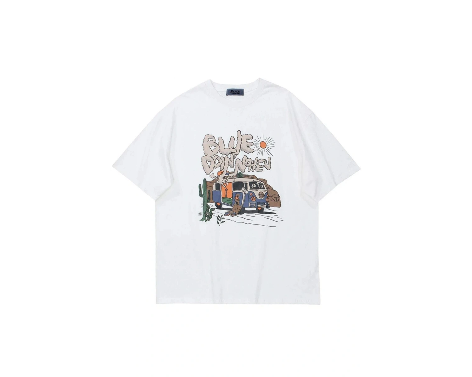 Beyaz Blue Doin Baskılı Oversize Bisiklet Yaka Erkek Tişört