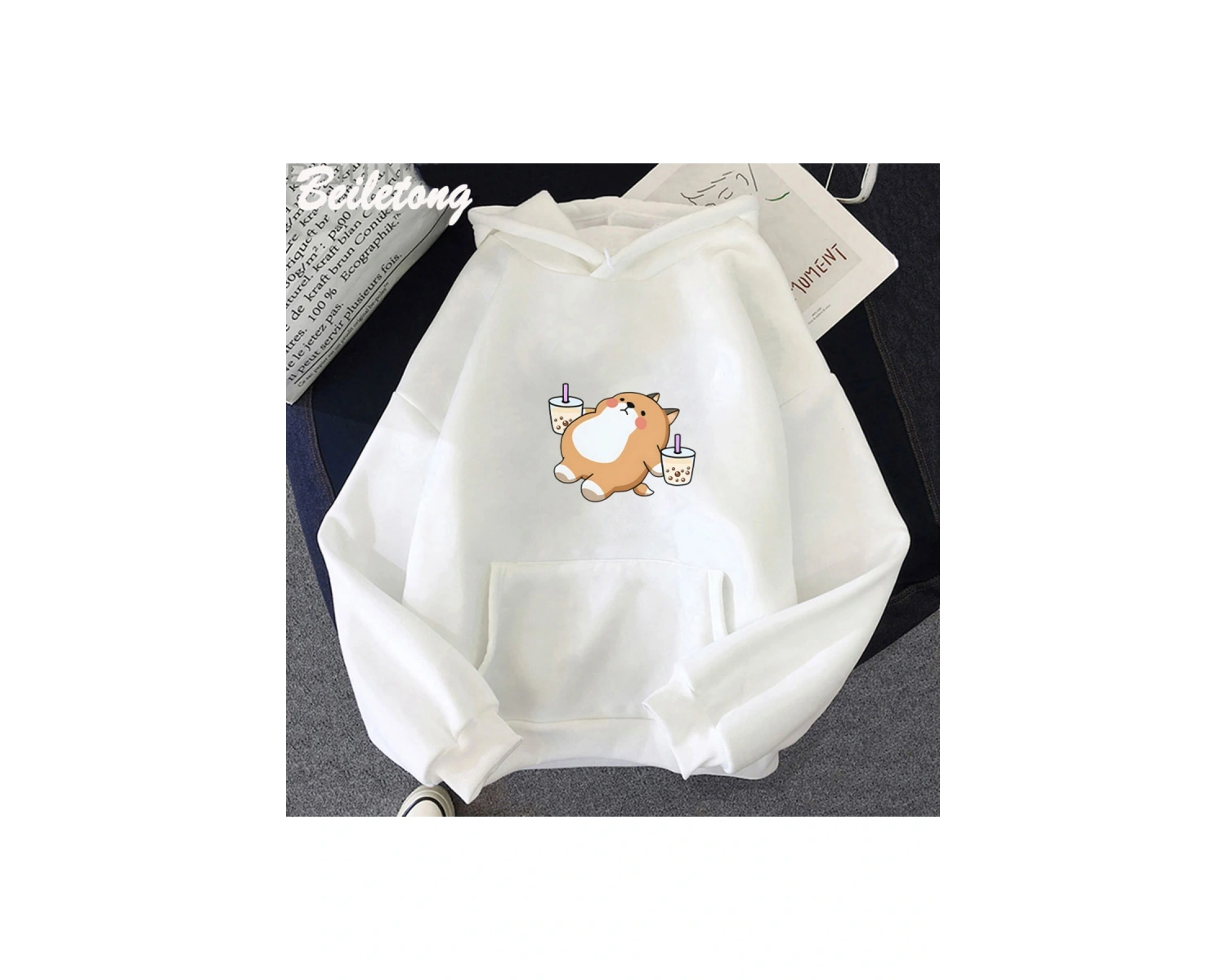 Beyaz Boba Çay Hoodie Sevimli KöpekBüyük Boy Karikatür Hoodie Kawaii