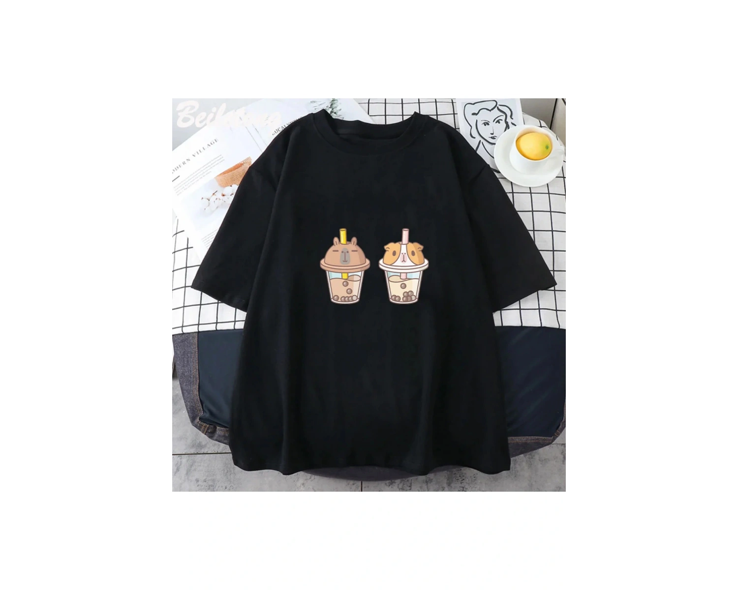 Beyaz Bubu ve Ayın Baskı Kapibara ve Gine Domuzu Boba Çayı Kawaii Estetik Graf