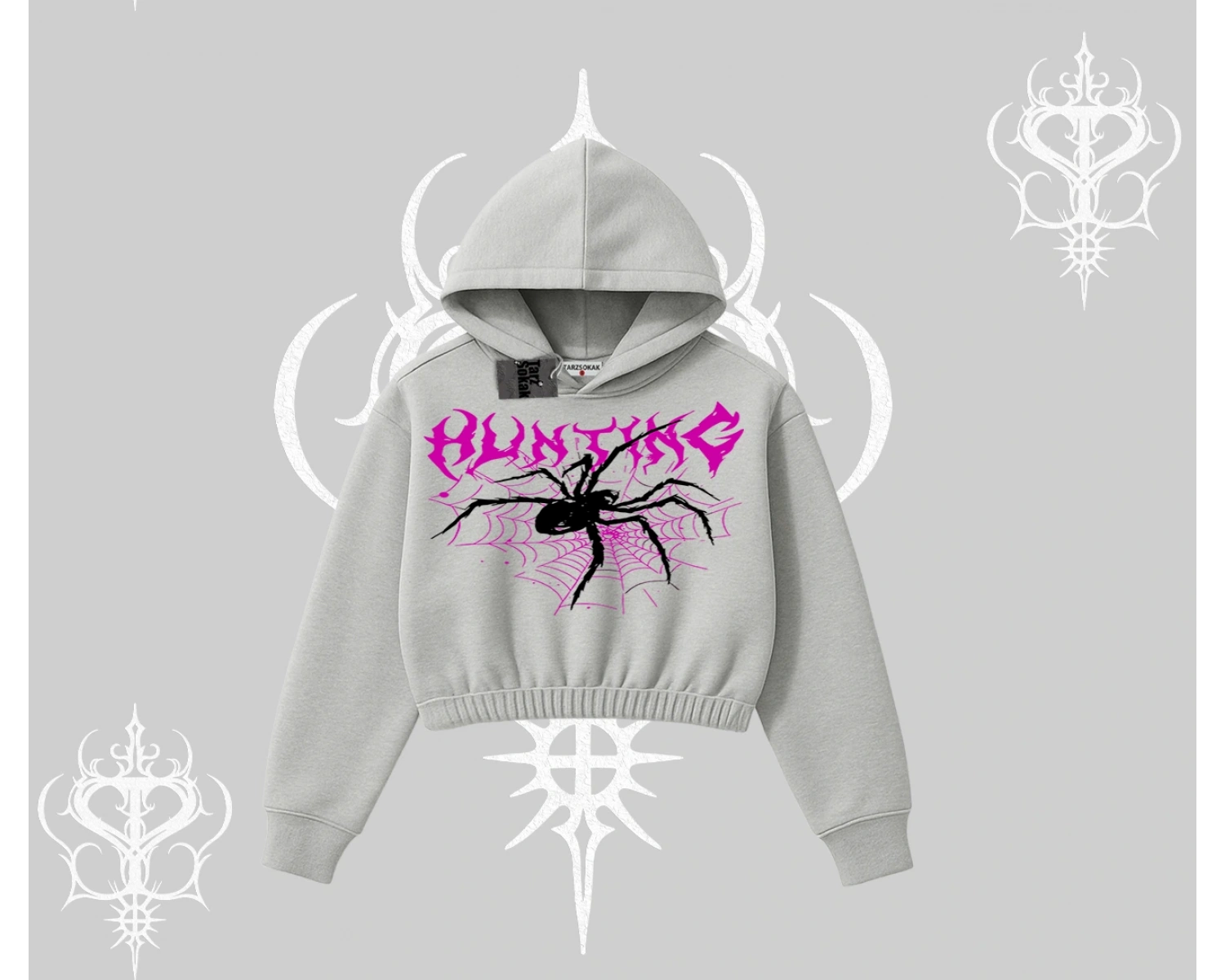Beyaz Crop Kapşonlu Sweatshirt Autumn Spider
