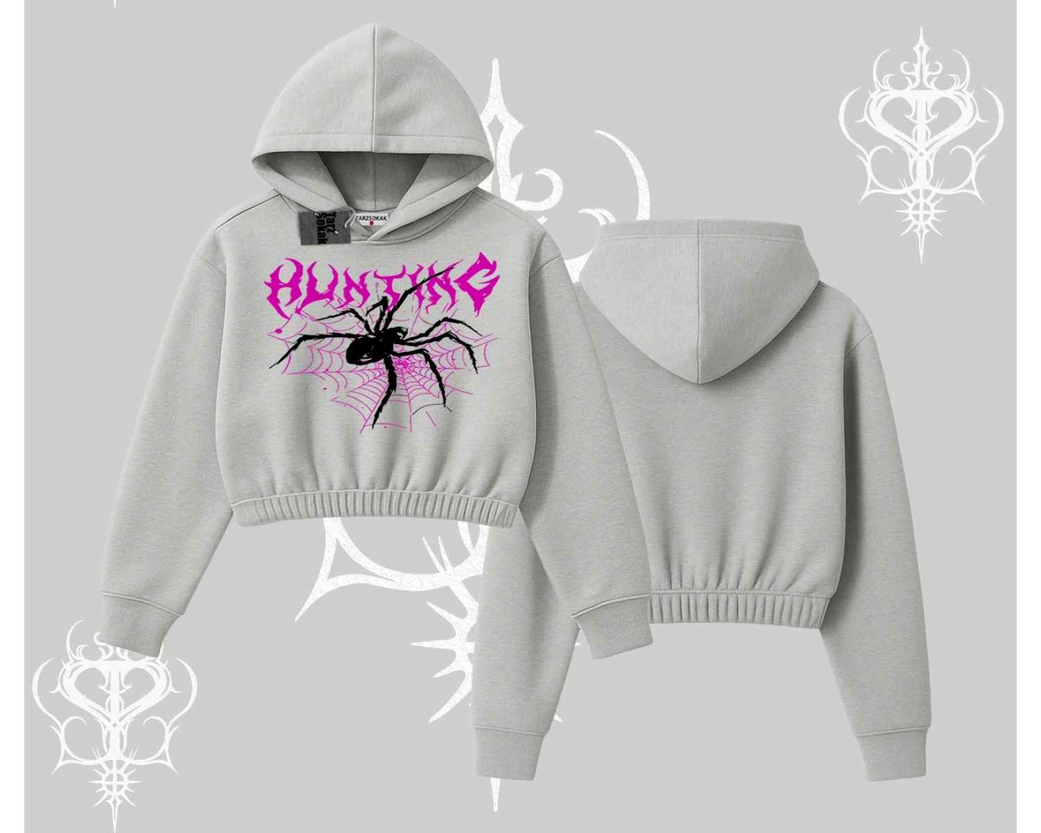 Beyaz Crop Kapşonlu Sweatshirt Autumn Spider