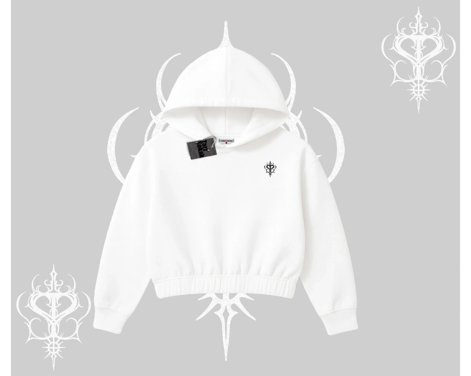 Beyaz Crop Kapşonlu Sweatshirt Özel logolu