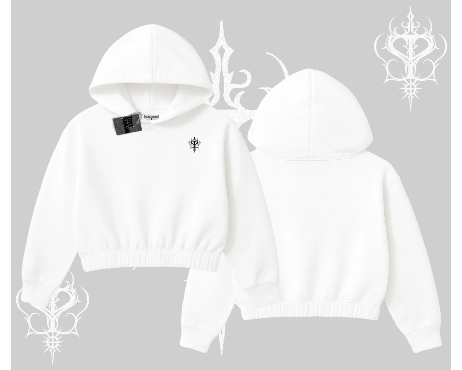 Beyaz Crop Kapşonlu Sweatshirt Özel logolu