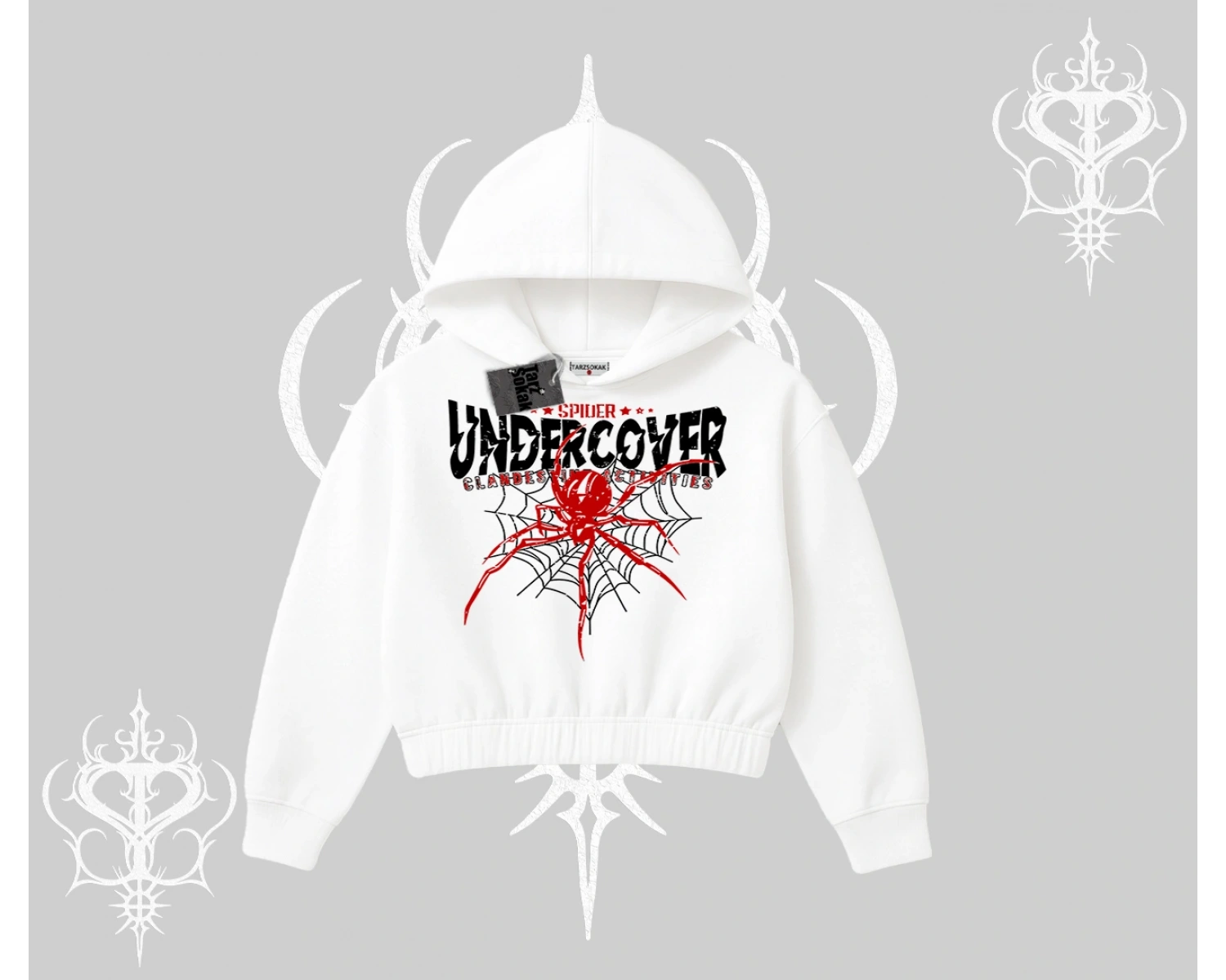 Beyaz Crop Kapşonlu Sweatshirt Spider Undercover