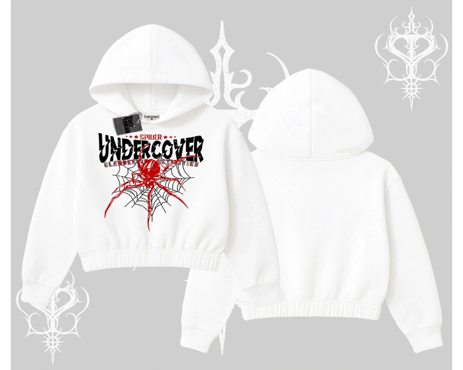 Beyaz Crop Kapşonlu Sweatshirt Spider Undercover
