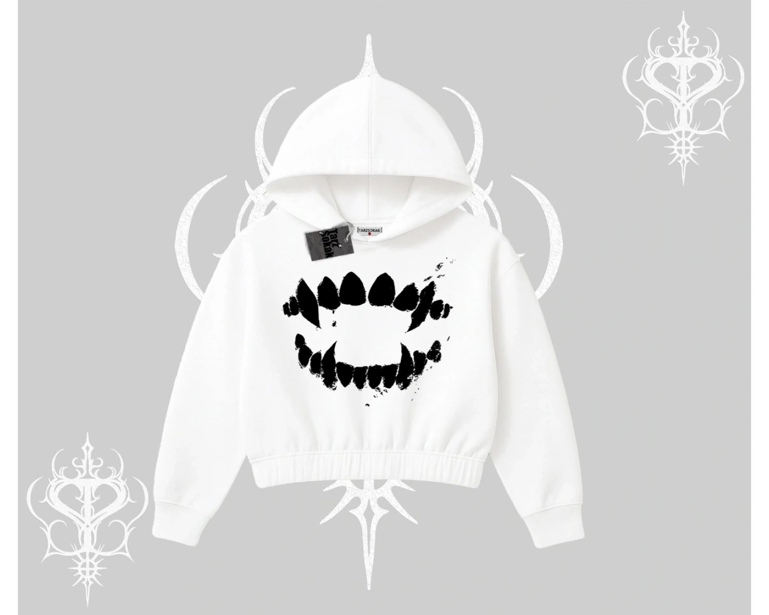 Beyaz Crop Kapşonlu Sweatshirt Vampir Dış