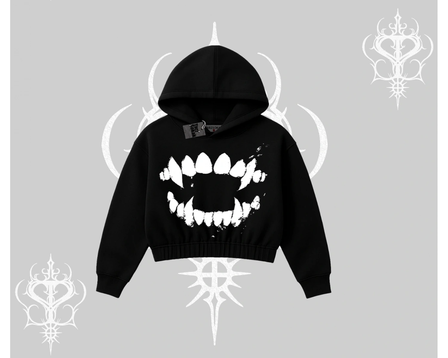 Beyaz Crop Kapşonlu Sweatshirt Vampir Dış