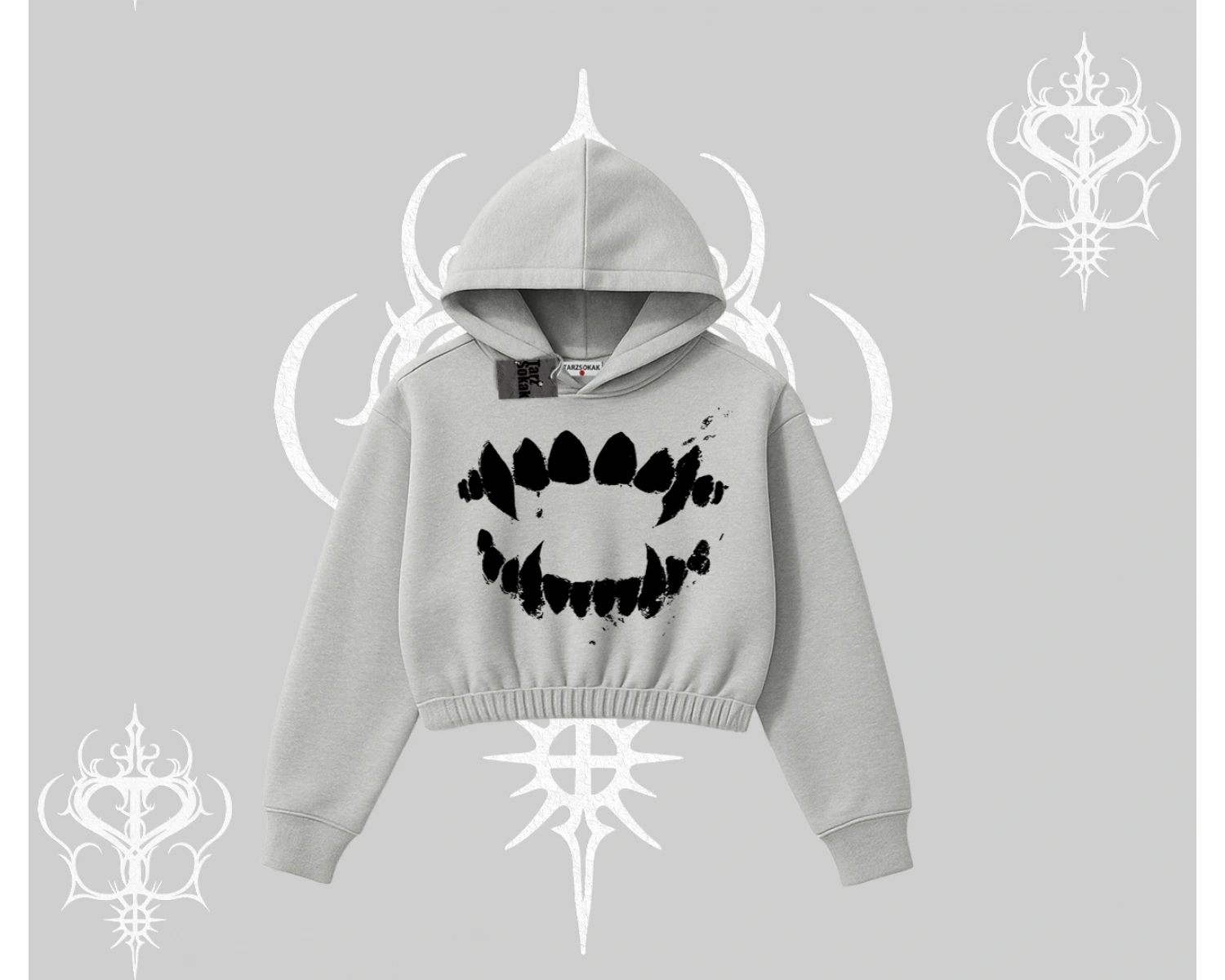 Beyaz Crop Kapşonlu Sweatshirt Vampir Dış