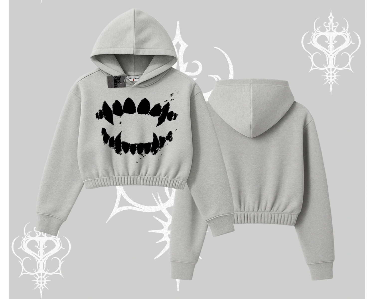 Beyaz Crop Kapşonlu Sweatshirt Vampir Dış