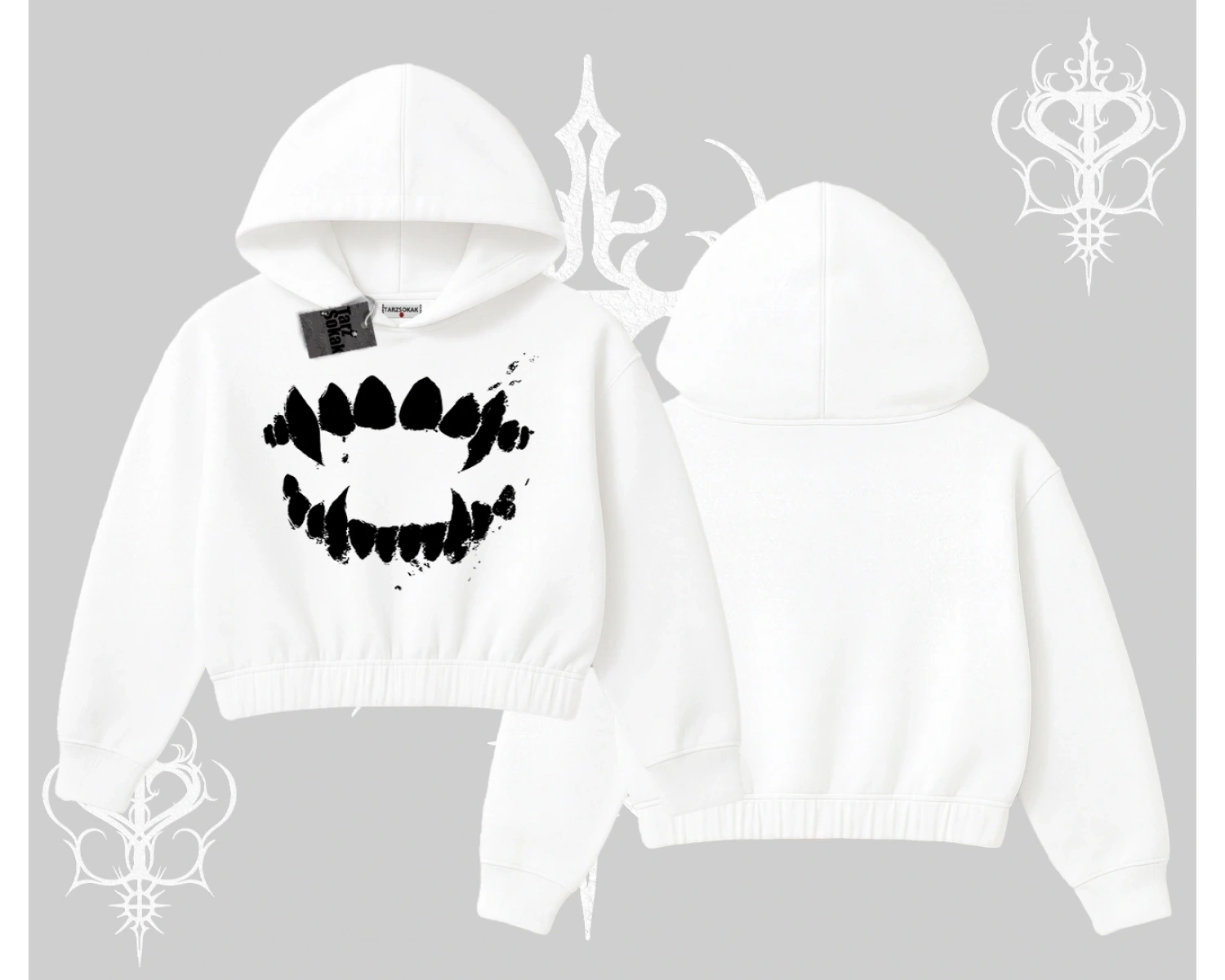 Beyaz Crop Kapşonlu Sweatshirt Vampir Dış