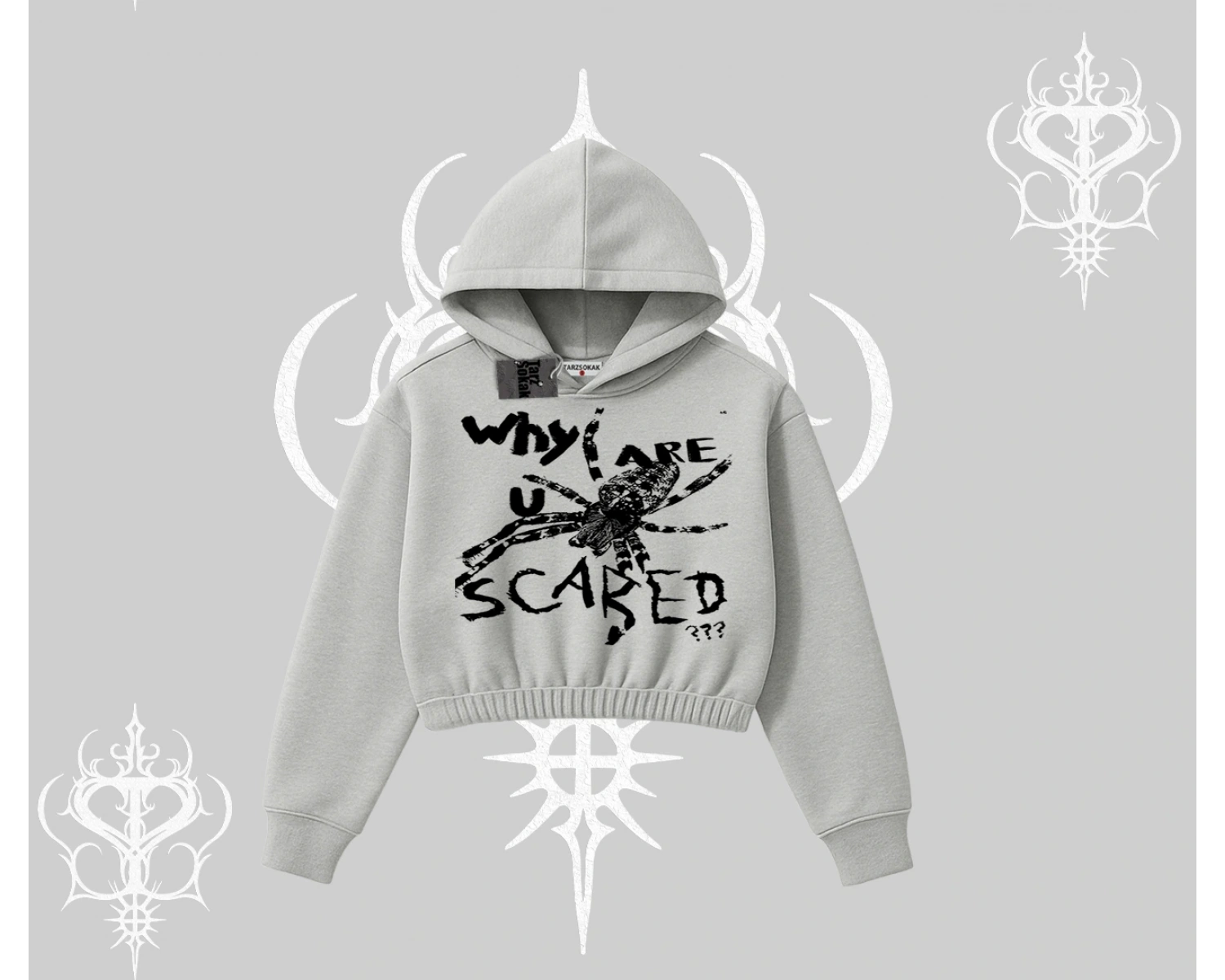 Beyaz Crop Kapşonlu Sweatshirt Why are u Scared