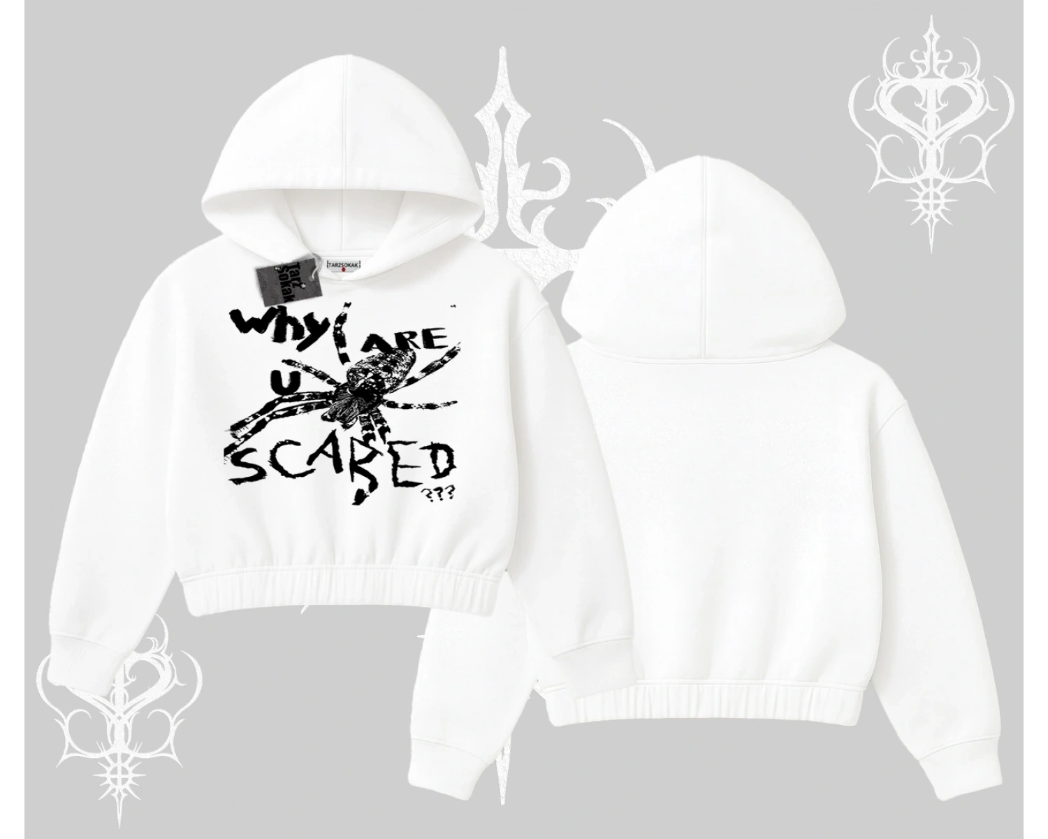 Beyaz Crop Kapşonlu Sweatshirt Why are u Scared