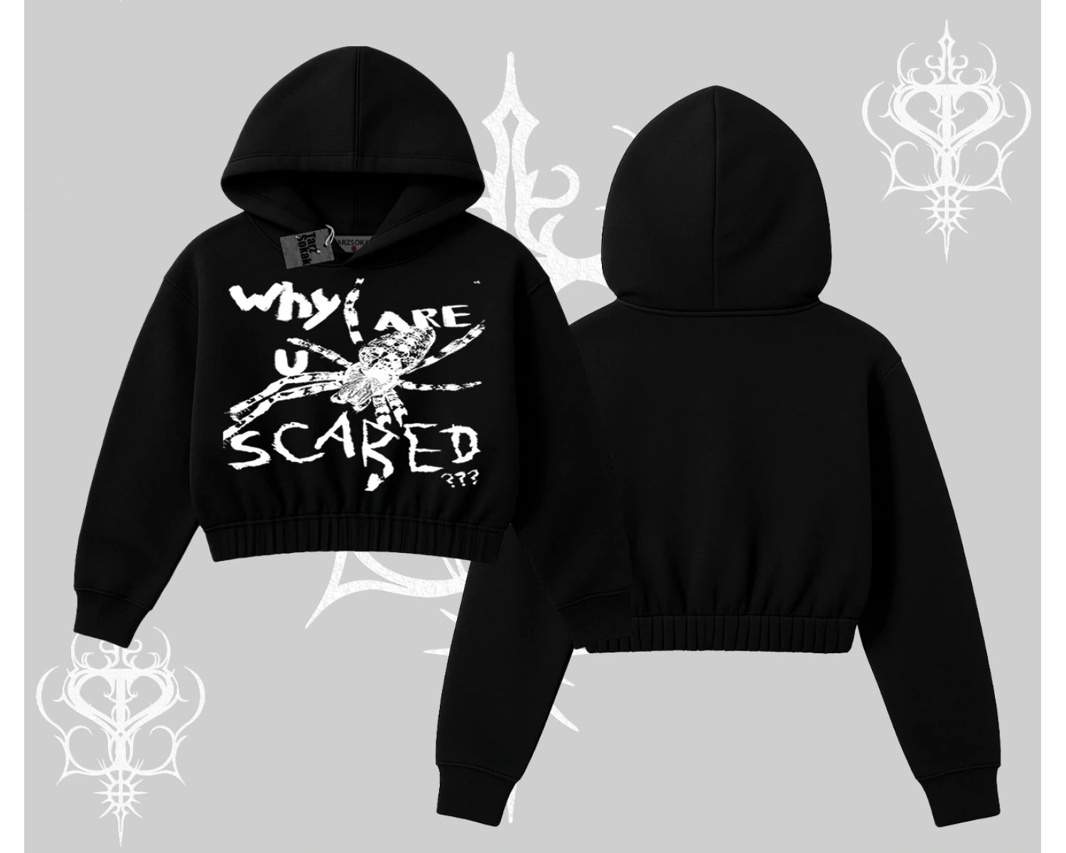 Beyaz Crop Kapşonlu Sweatshirt Why are u Scared