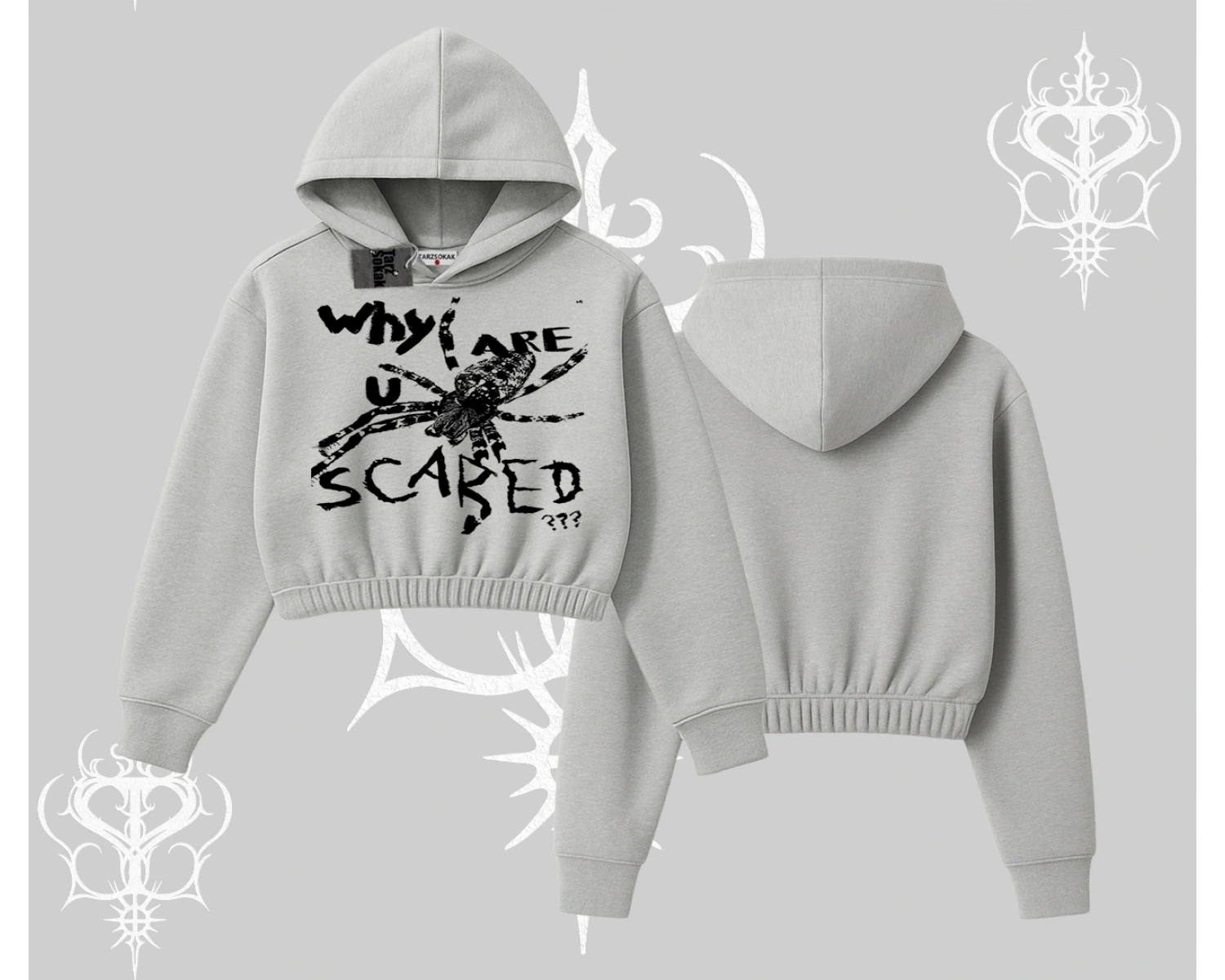 Beyaz Crop Kapşonlu Sweatshirt Why are u Scared