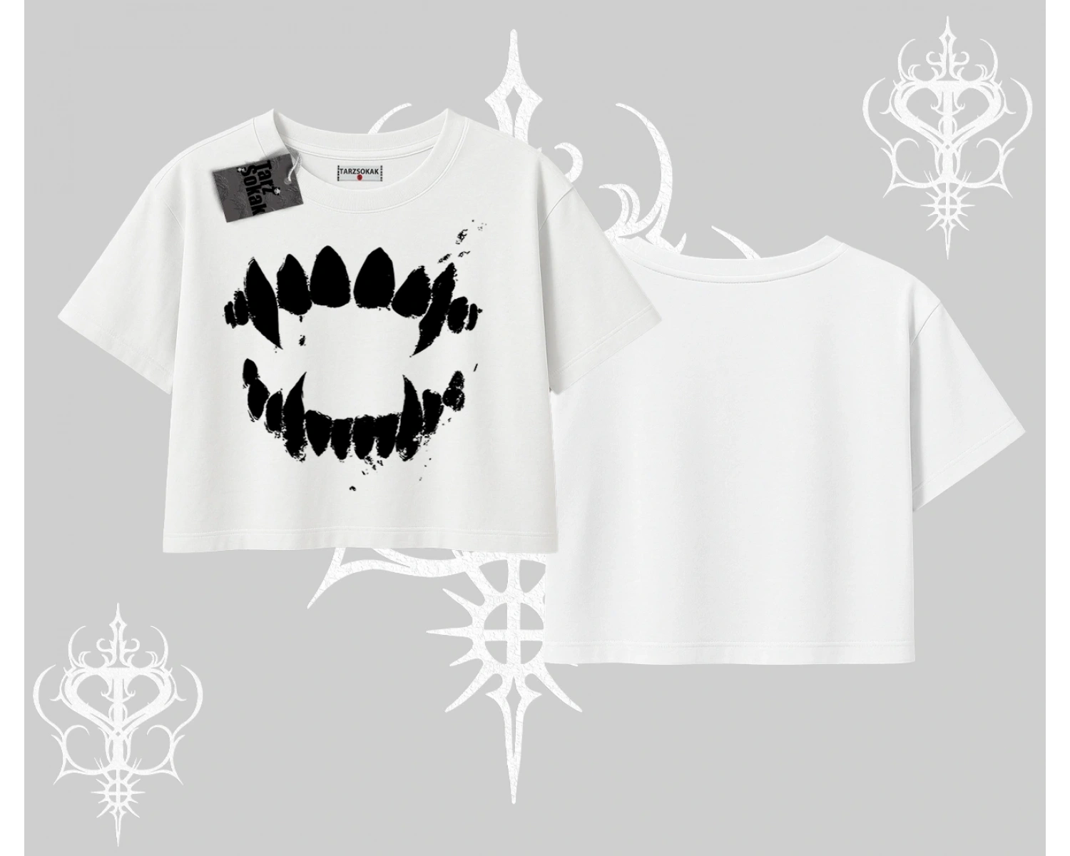 Beyaz Crop Tişört Vampir Dış