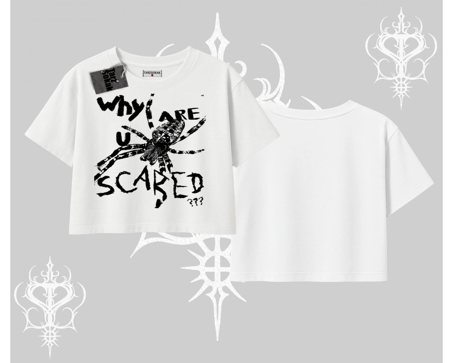 Beyaz Crop Tişört Why are u Scared