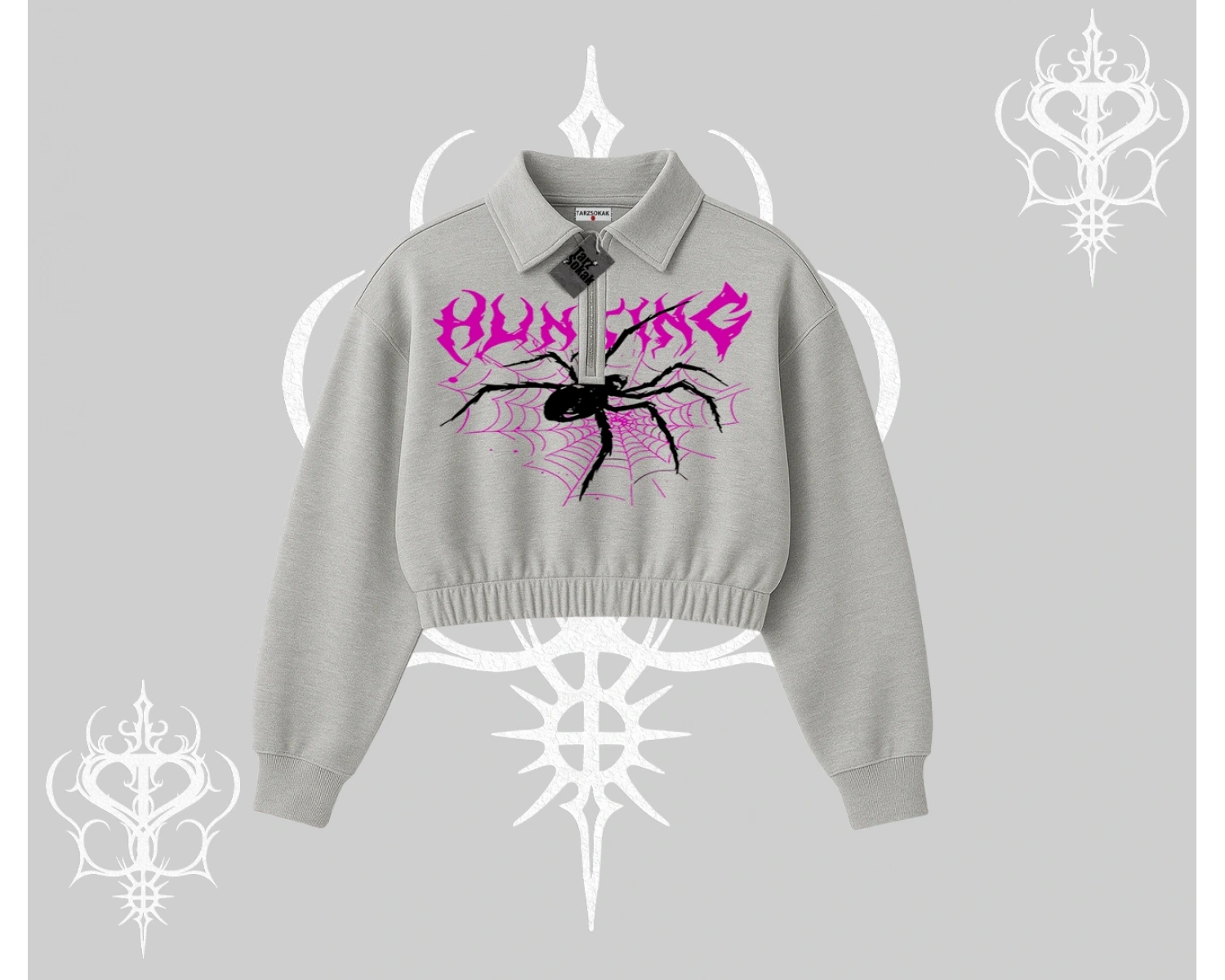 Beyaz Crop Yarım Fermuarlı Sweatshirt Autumn Spider
