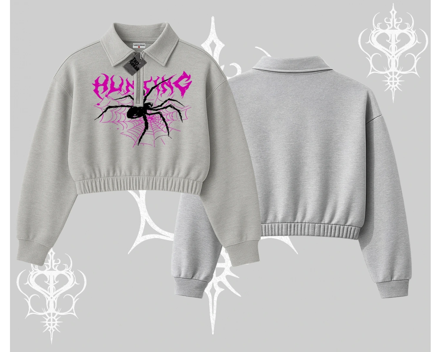 Beyaz Crop Yarım Fermuarlı Sweatshirt Autumn Spider