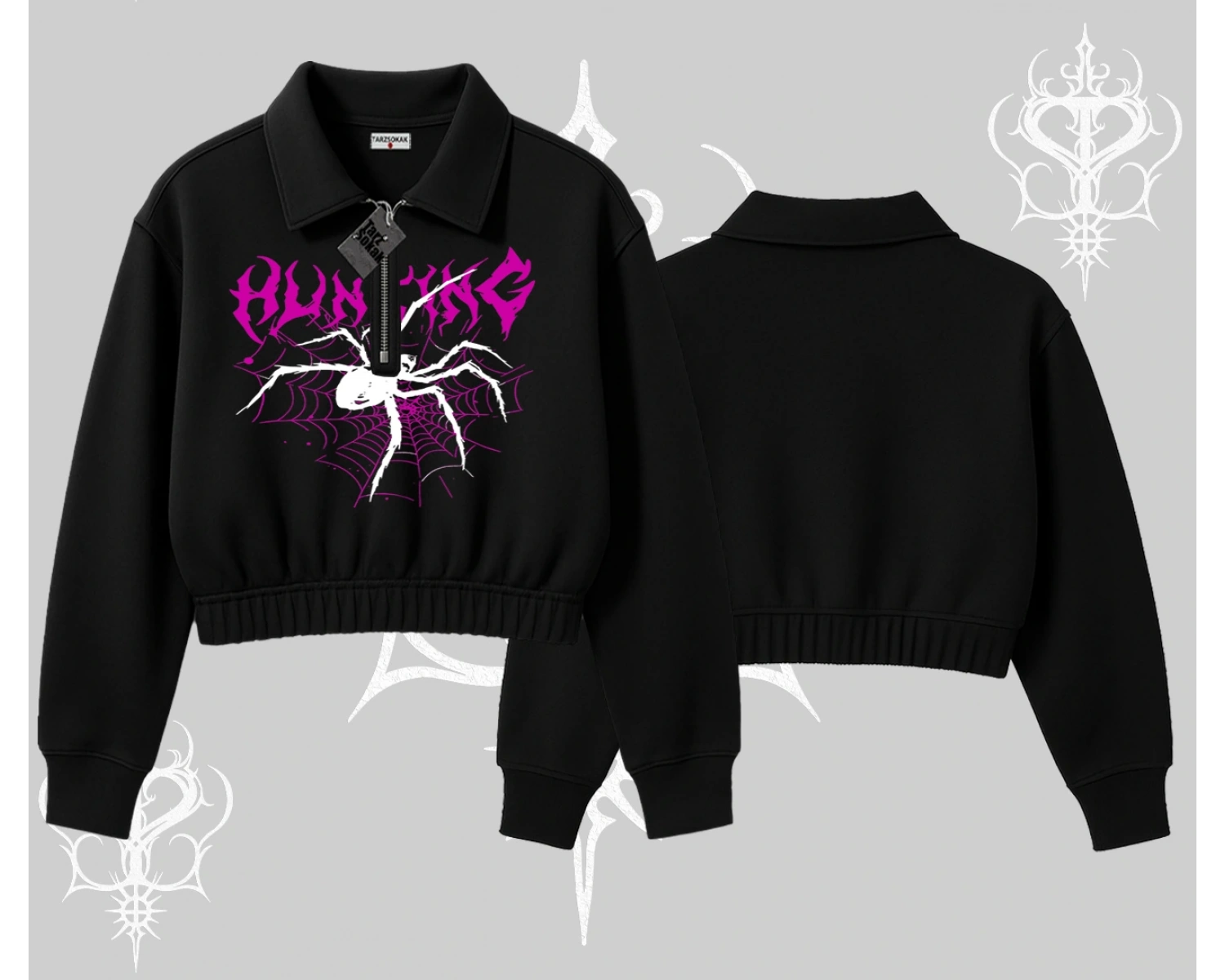 Beyaz Crop Yarım Fermuarlı Sweatshirt Autumn Spider