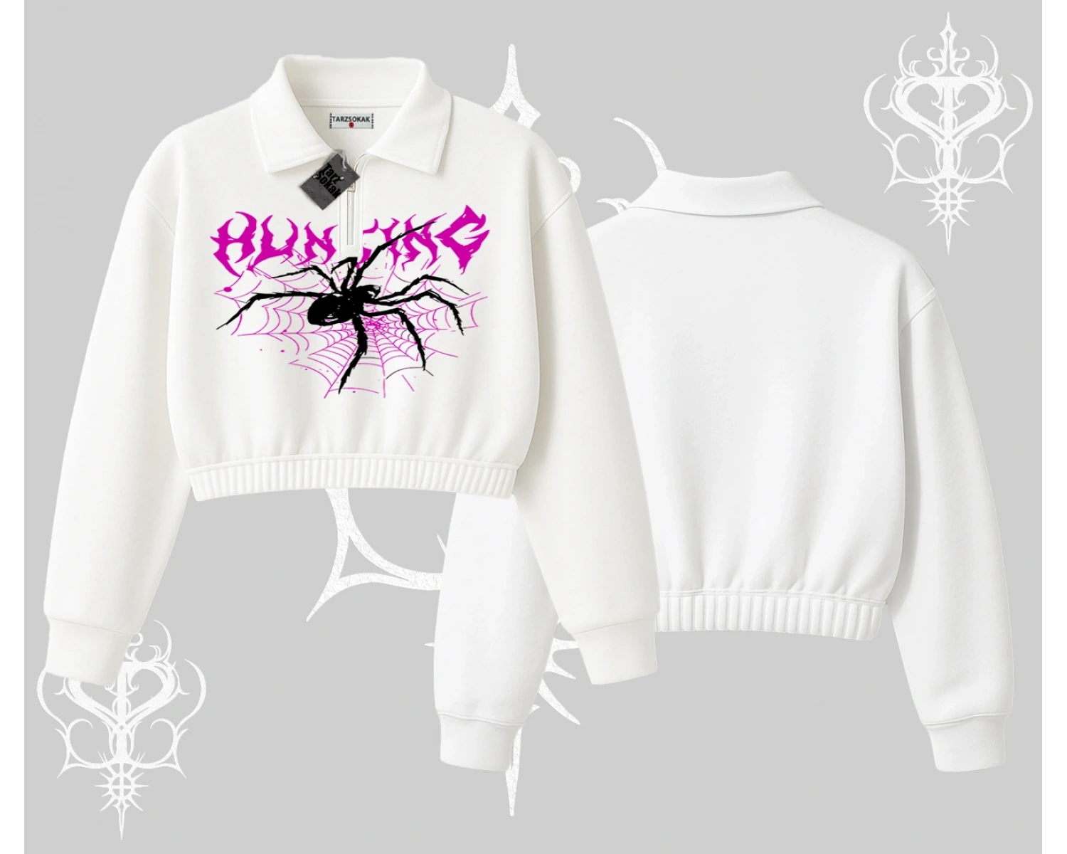 Beyaz Crop Yarım Fermuarlı Sweatshirt Autumn Spider