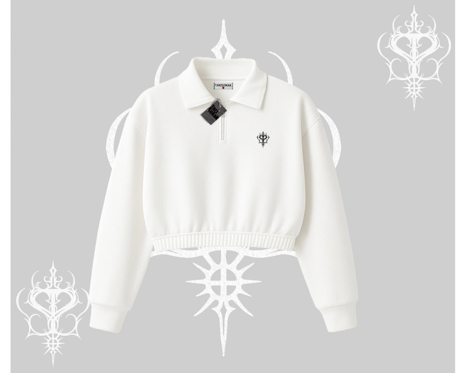 Beyaz Crop Yarım Fermuarlı Sweatshirt Özel logolu