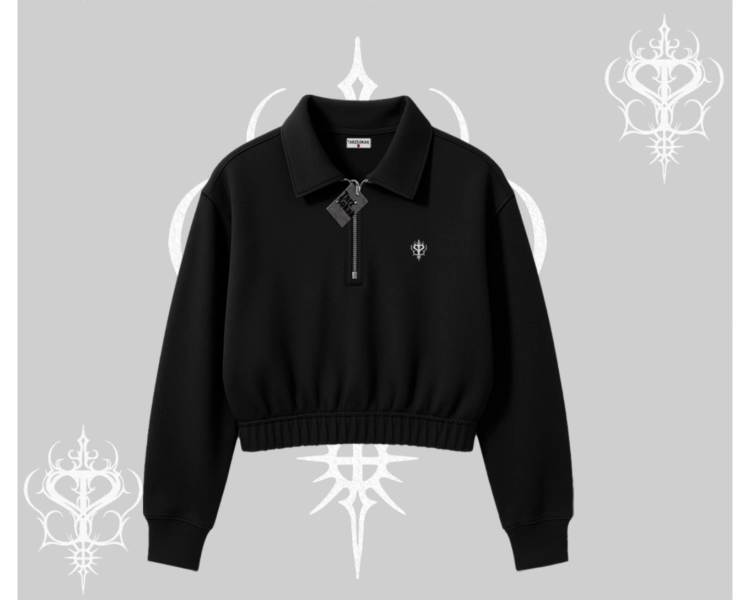 Beyaz Crop Yarım Fermuarlı Sweatshirt Özel logolu