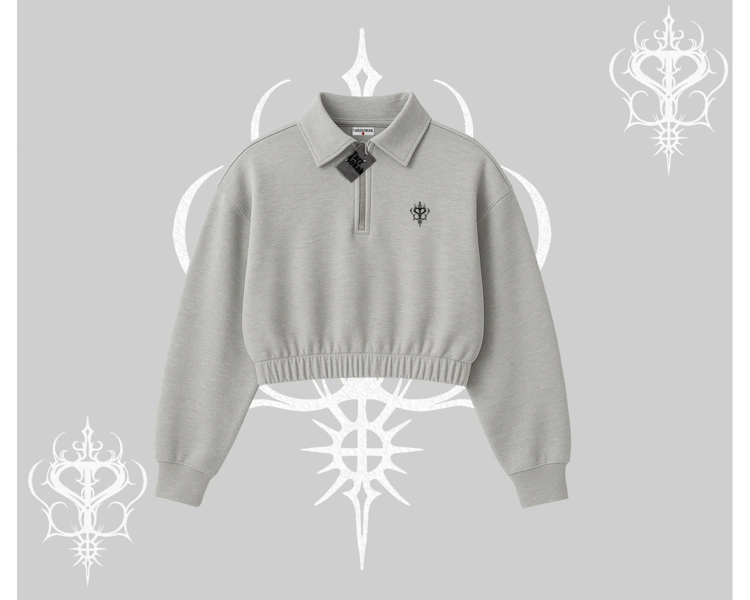 Beyaz Crop Yarım Fermuarlı Sweatshirt Özel logolu